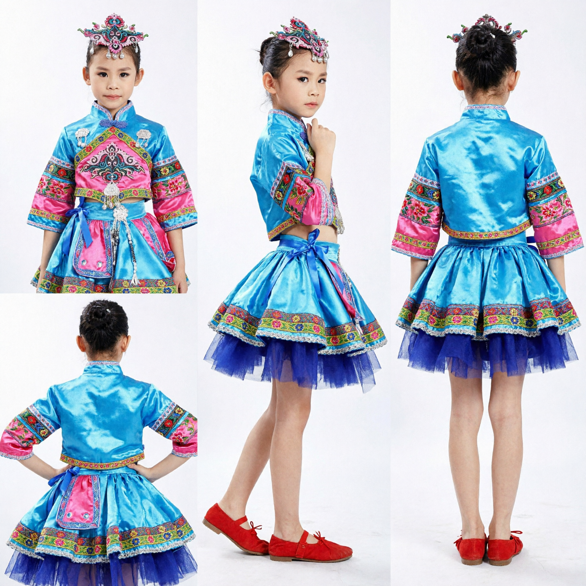 Kids Chinese Traditional Ethnic Minority Dance Costume Blue Pink Folk Stage Performance Outfit for Girls - Asian Costume