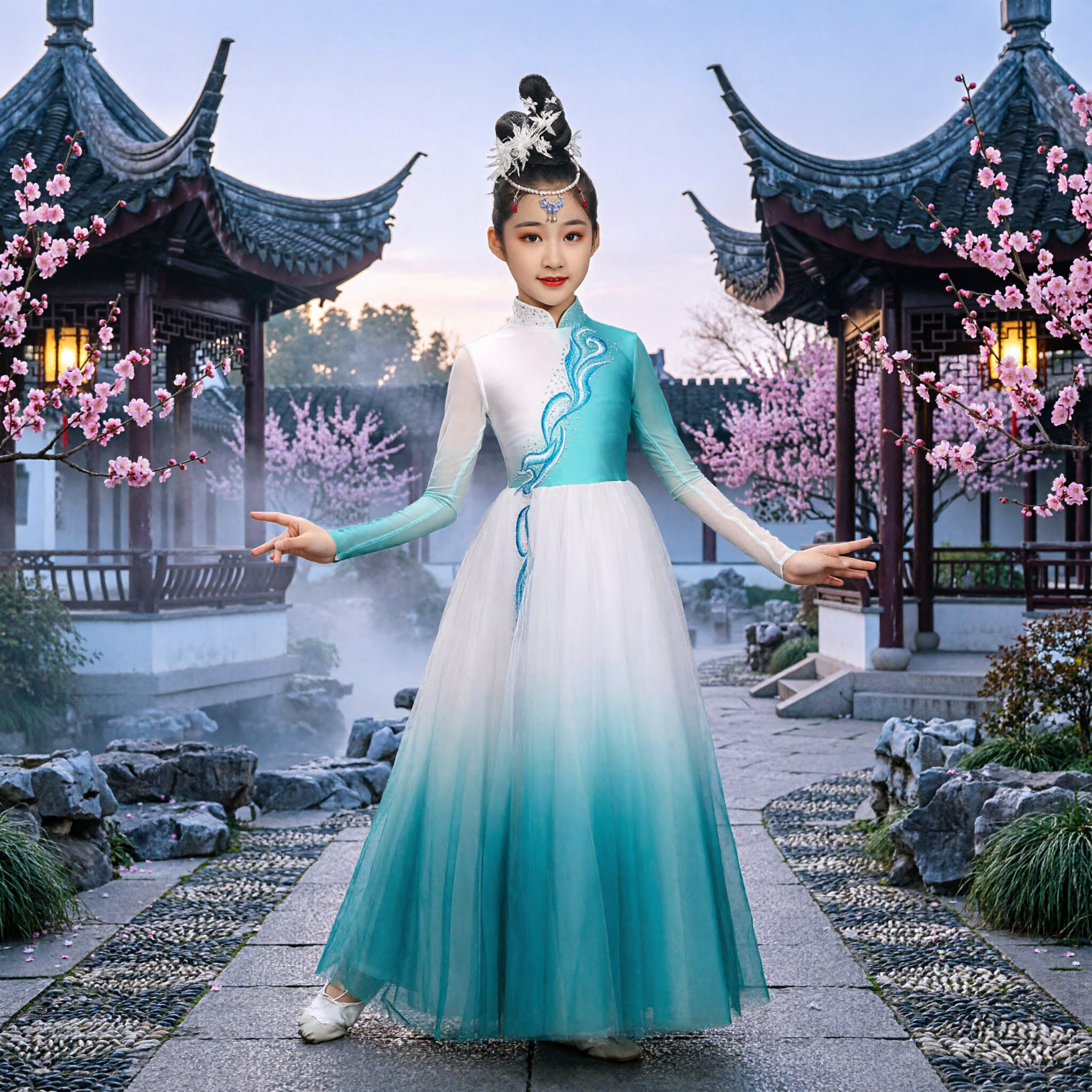 Kids Chinese Classical Dance Costume Teal Gradient Yangge Dress Traditional Hanfu Style Stage Performance Outfit - Asian Costume