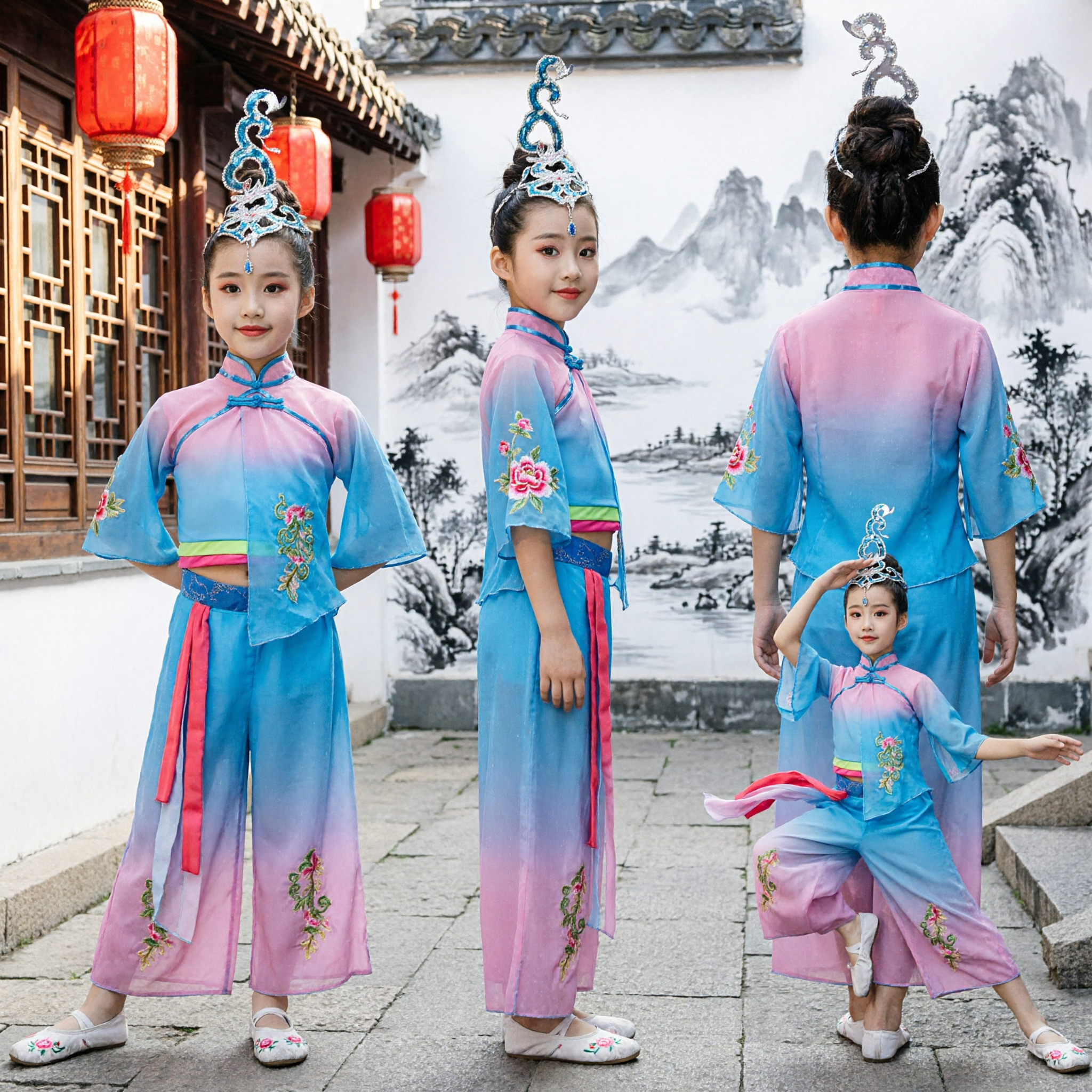 Traditioneel Chinees Danskostuum voor Meisjes Klassiek Folkloristisch Optreden Outfit Verloop Blauw Roze Borduurwerk Podiumkleding - Asian Costume
