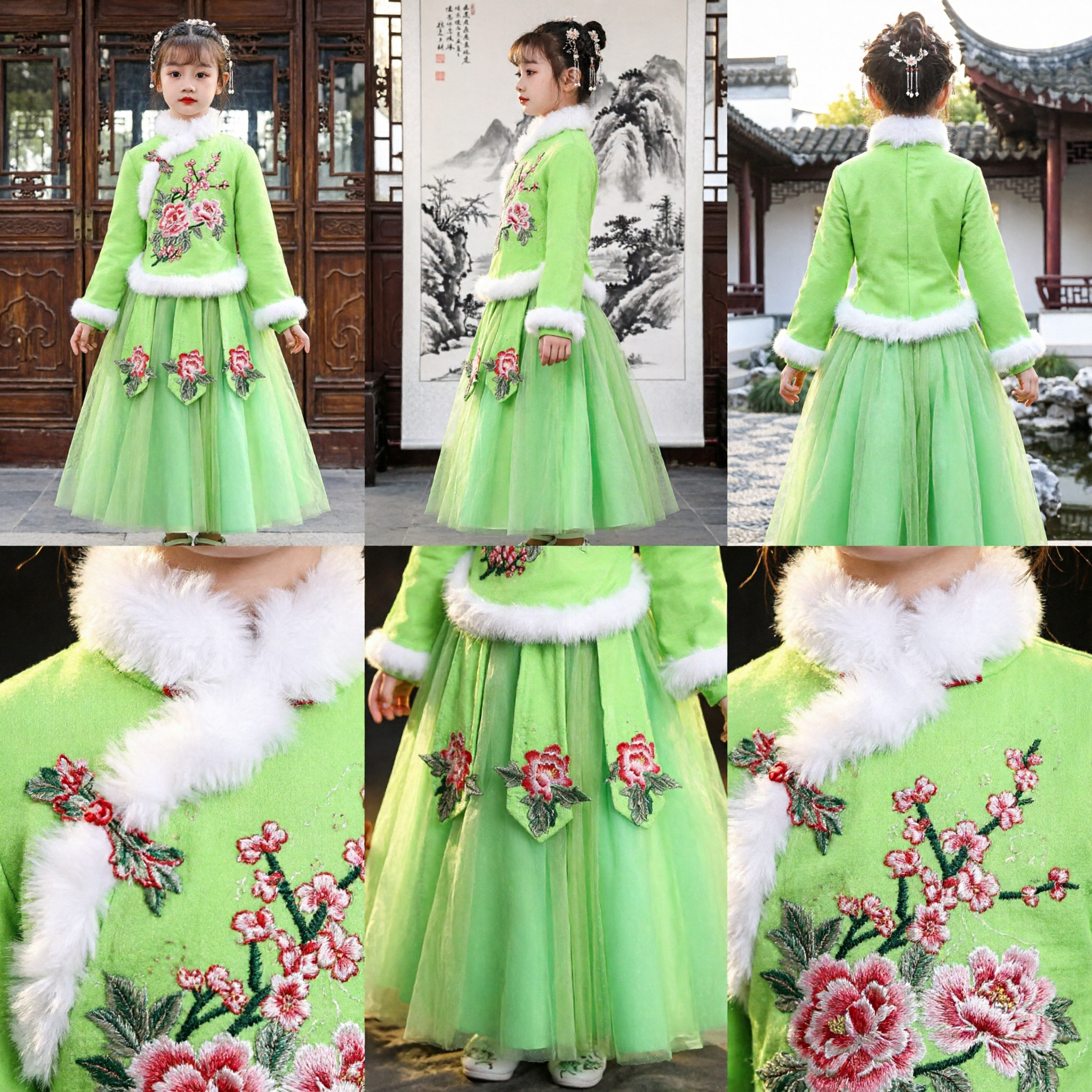 Meisjes Groene Chinese Traditionele Hanfu Kostuum Geborduurde Bloemrijke Tang Pak Winter Warme Bontafzetting Nieuwjaars Outfit - Asian Costume