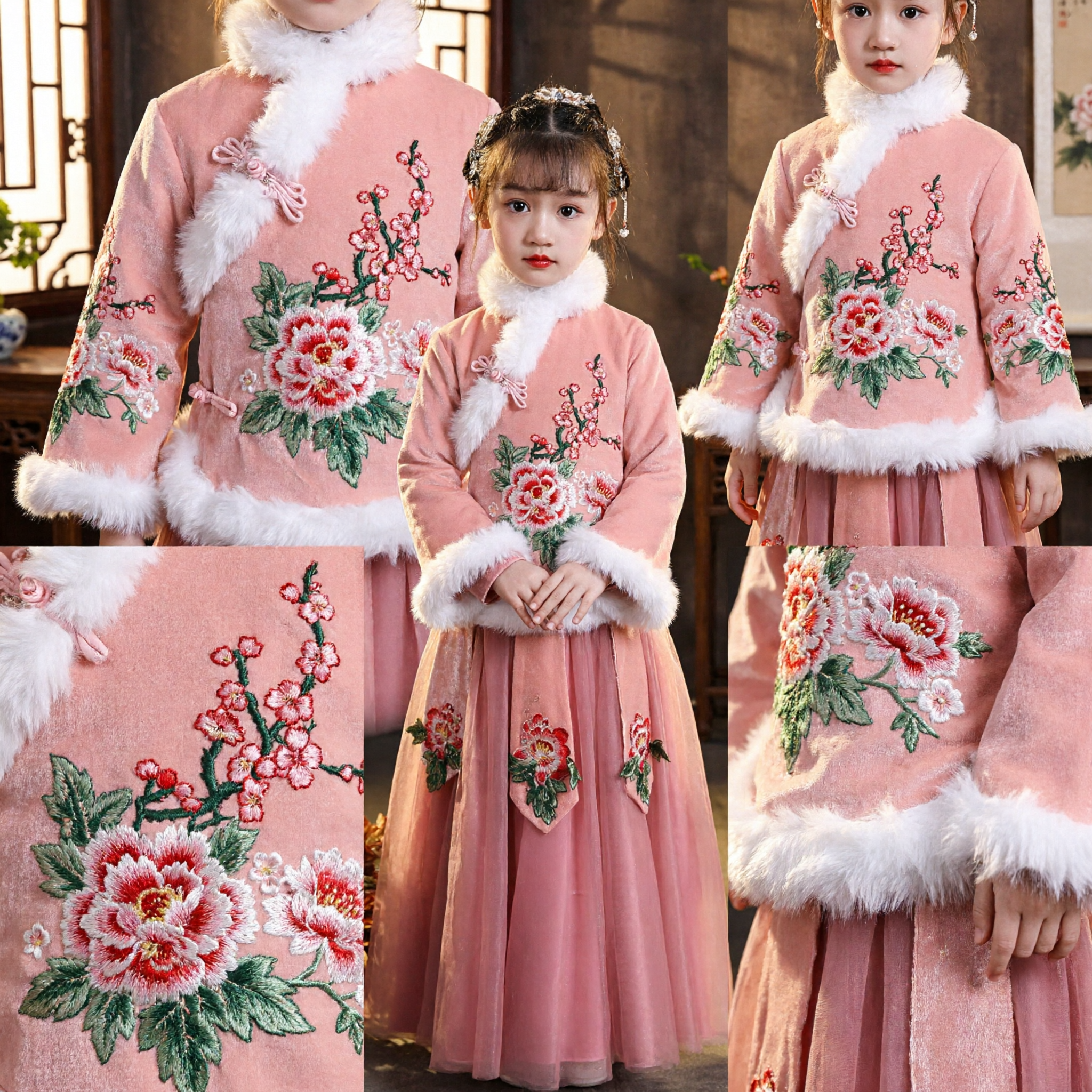 Meisjes Roze Winter Hanfu Set Chinese Traditionele Tang Pak met Bontafzetting Geborduurde Jurk voor Kinderen Nieuwjaar - Asian Costume