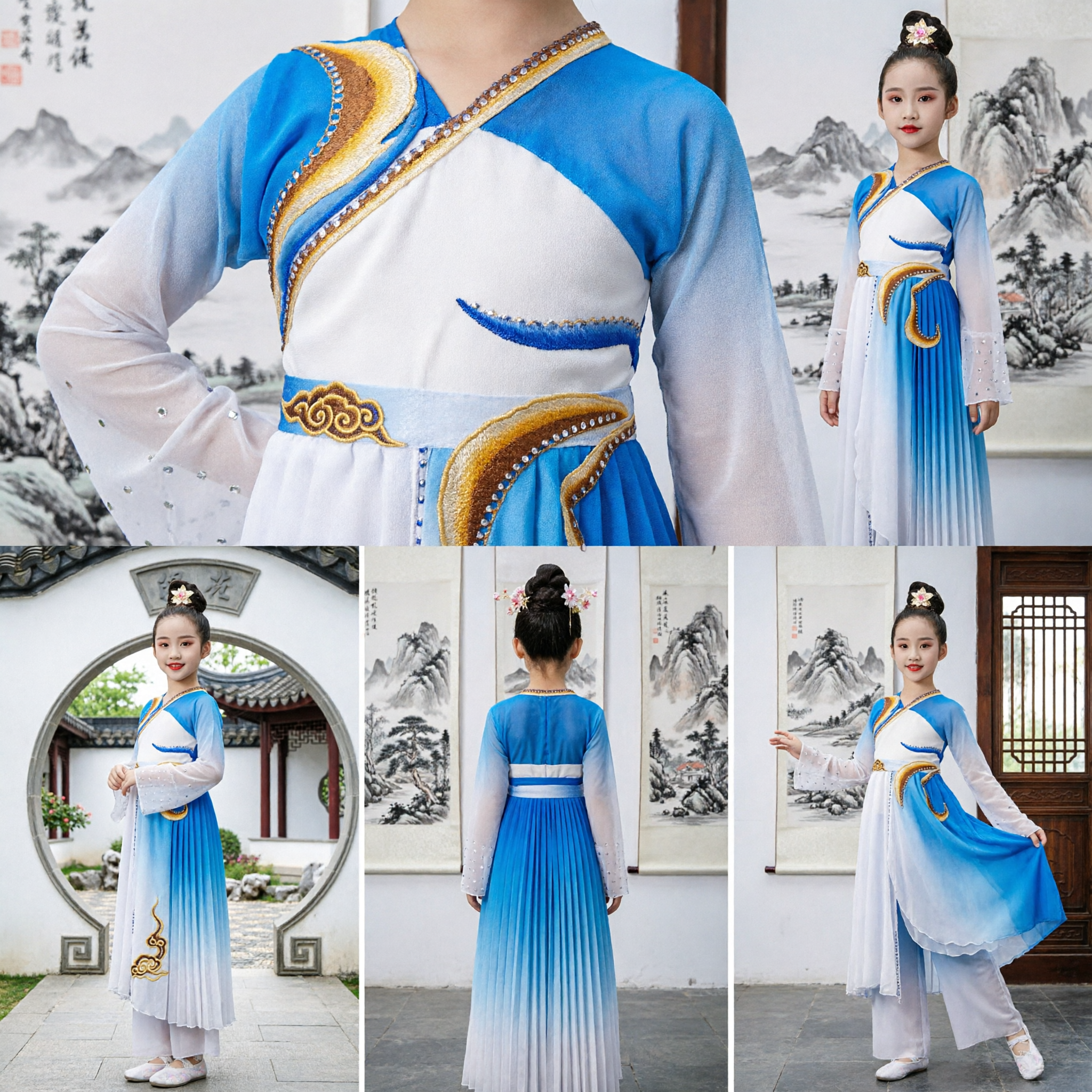Chinese Klassieke Danskostuum voor Meisjes Kinderen Traditionele Hanfu Podium Optreden Outfit Blauw Wit Verloop Waaier Jurk - Asian Costume