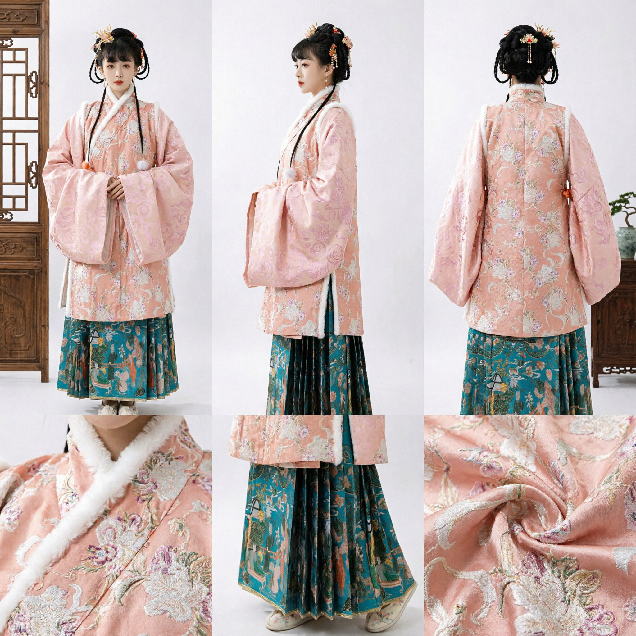 Costume Hanfu de la dynastie Ming traditionnel chinois - Ensemble veste Ao en brocart rose et jupe plissée bleue pour femmes - Asian Costume
