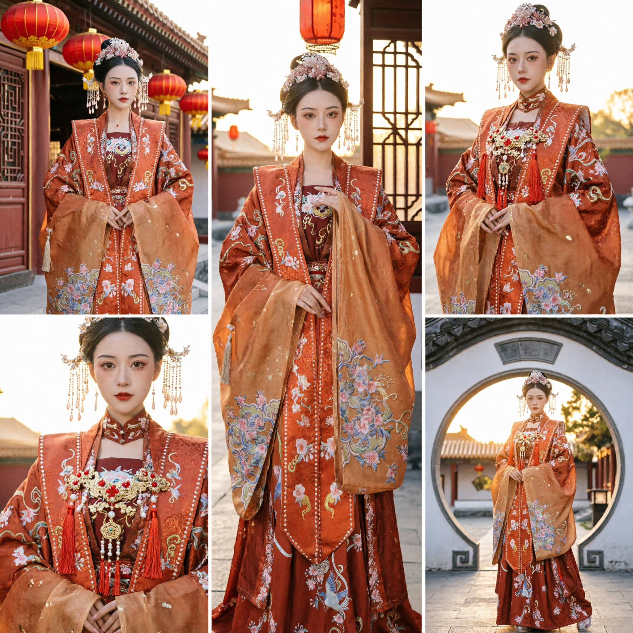 Traje Hanfu da Dinastia Tang Tradicional Chinês, Vestido de Noiva/Princesa Antigo Vermelho e Laranja com Robe Bordado para Mulheres - Asian Costume