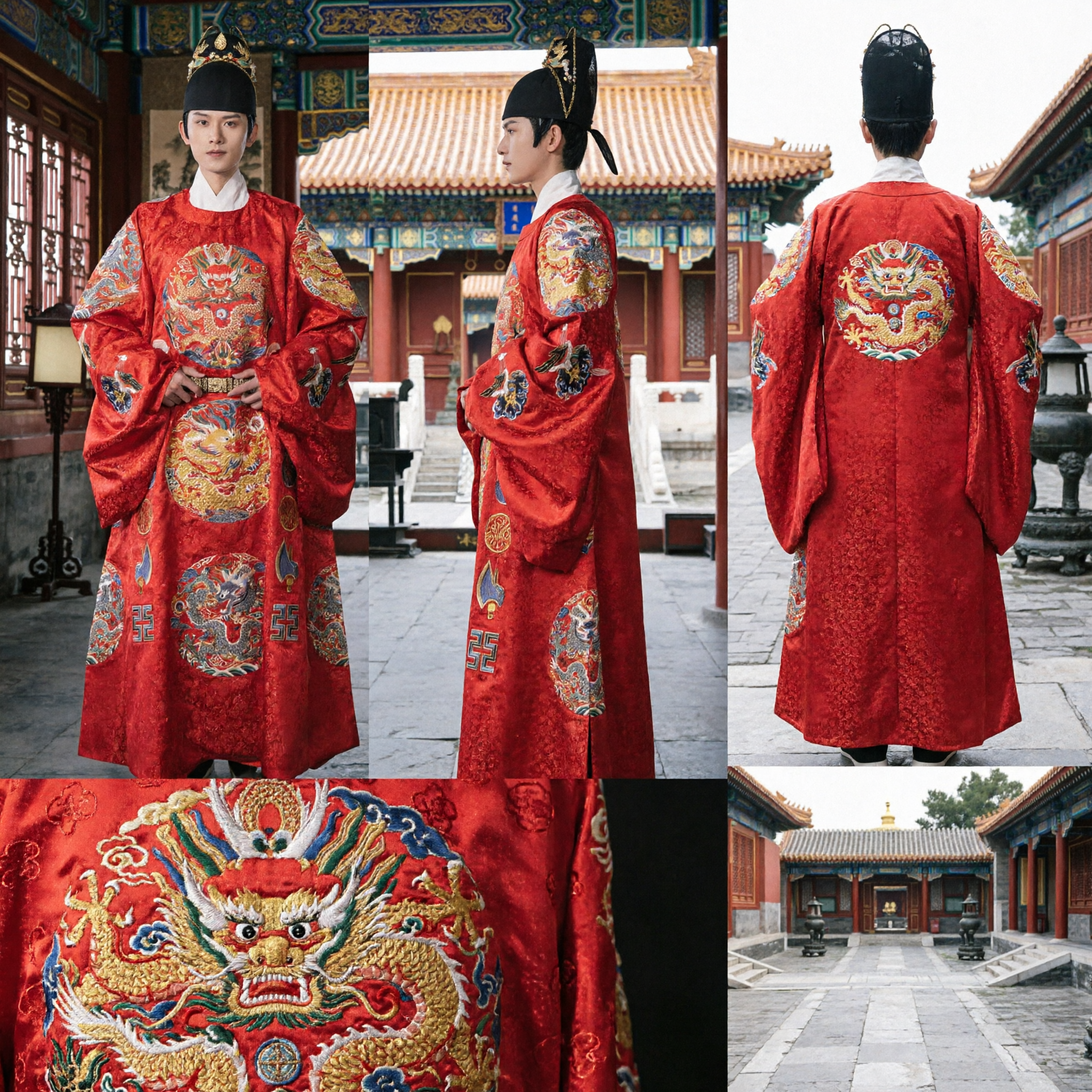 고대 중국 명나라 황제 레드 드래곤 로브 전통 웨딩 한푸 의상 남성용 - Asian Costume
