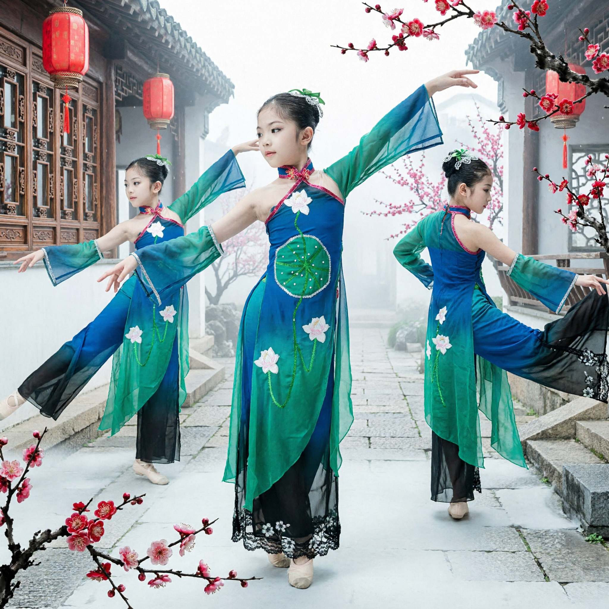 Costume de danse classique chinoise pour filles, robe Cheongsam bleue lotus, tenue de spectacle de danse folklorique pour enfants - Asian Costume