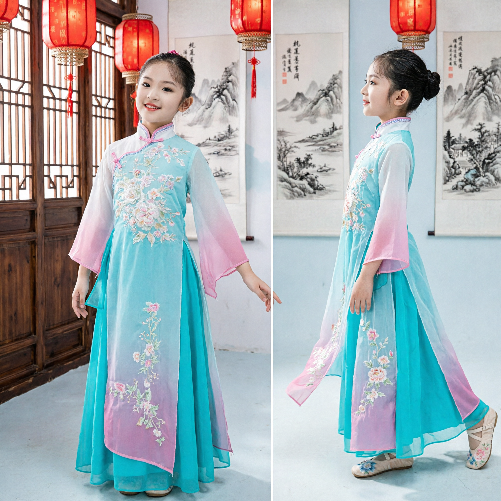 Costume de danse classique chinoise pour enfants filles, robe Cheongsam traditionnelle bleue dégradée pour les spectacles sur scène - Asian Costume