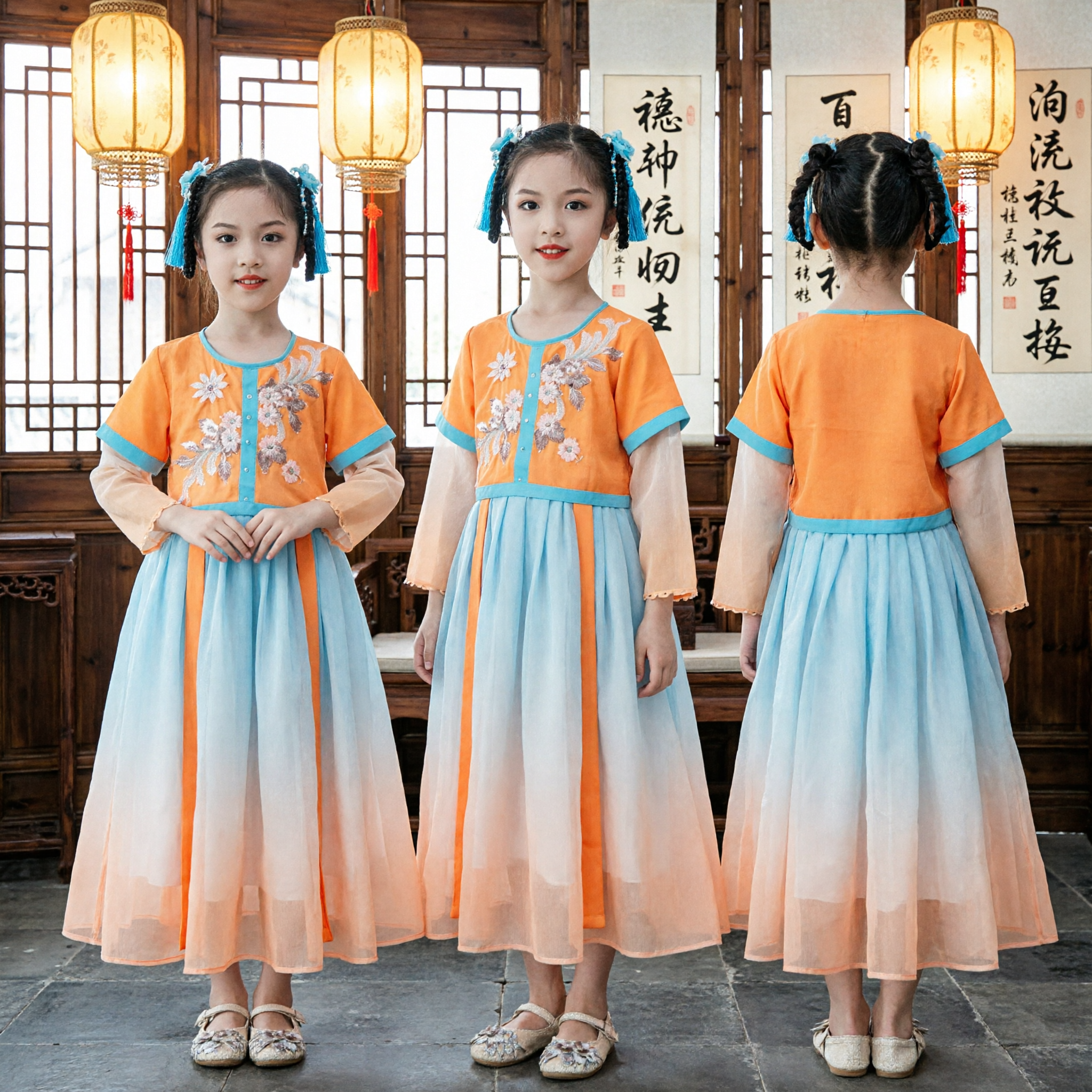 Chinees Traditioneel Hanfu Kostuum voor Kinderen Meisjes Oranje Oude Jurk Geborduurd Topje Verlopende Rok voor Dansoptreden - Asian Costume
