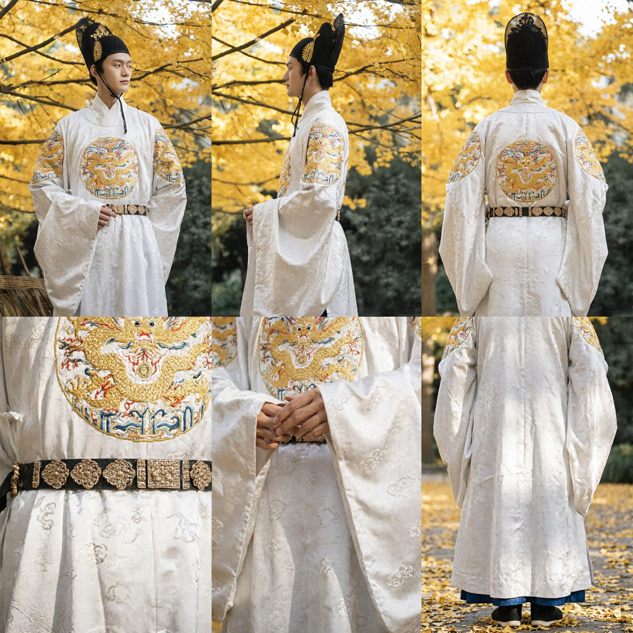 전통 중국 명나라 왕자 한푸 흰색 원칼라 용 자수 로브 남성용 - Asian Costume