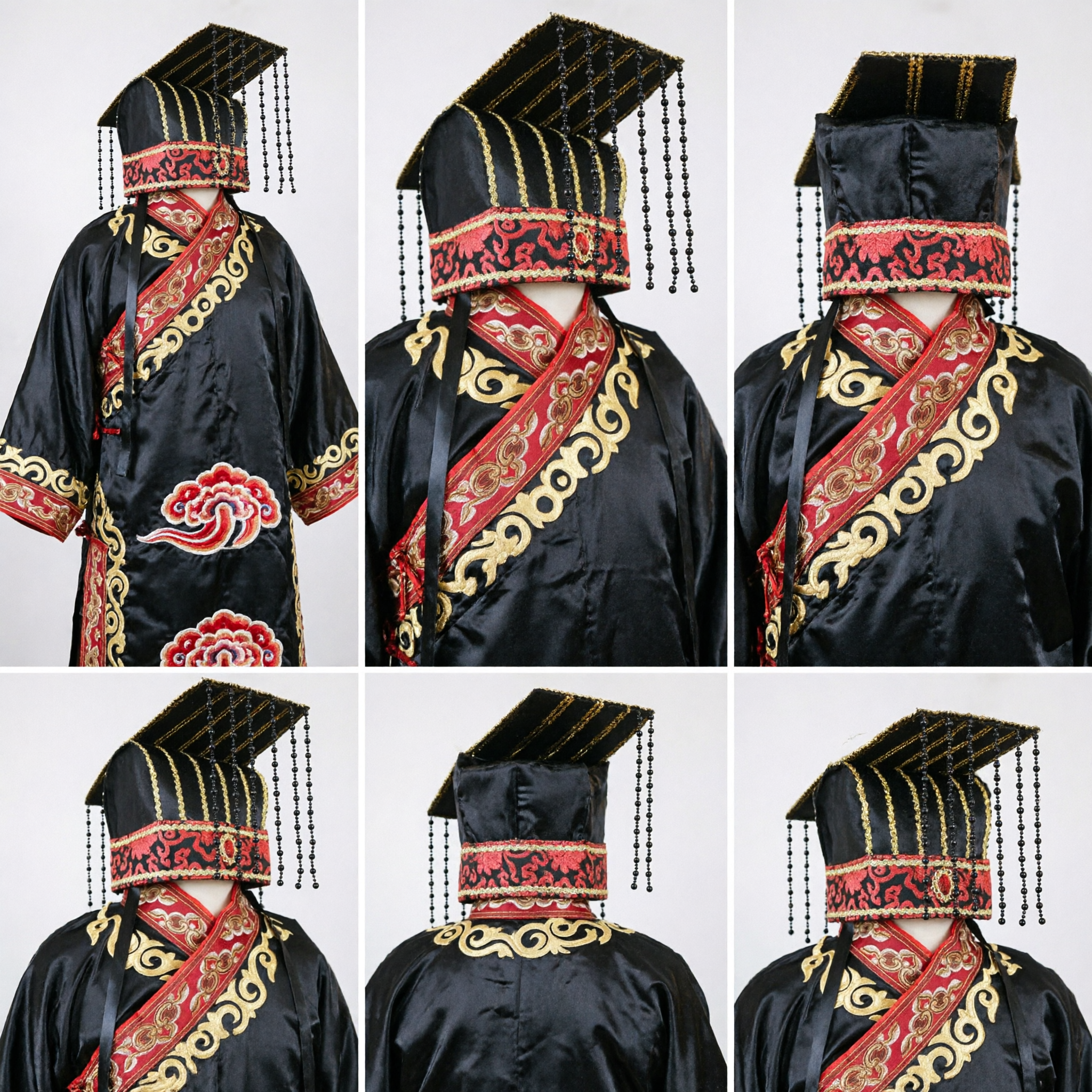 Corona de Emperador Tradicional China Tocado Antiguo Hanfu Bordado Negro y Dorado Accesorio para Traje Ceremonial para Hombres - Asian Costume