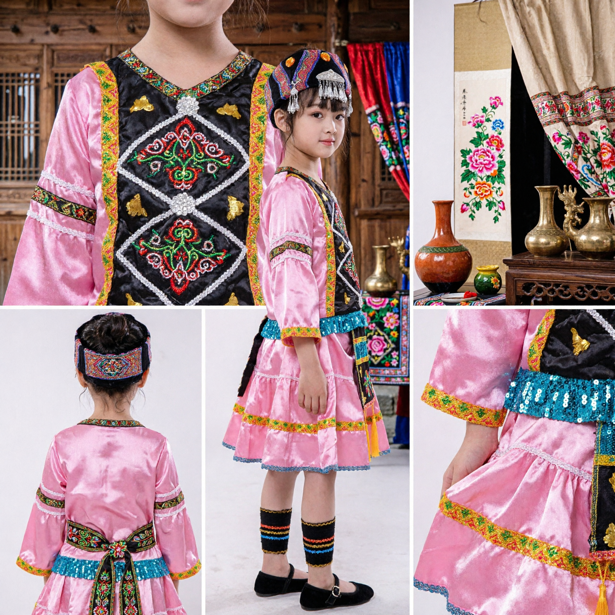 Traje de Dança Folclórica Étnica de Minoria Chinesa para Meninas Conjunto de Performance Tradicional Rosa Bordado com Tocado - Asian Costume