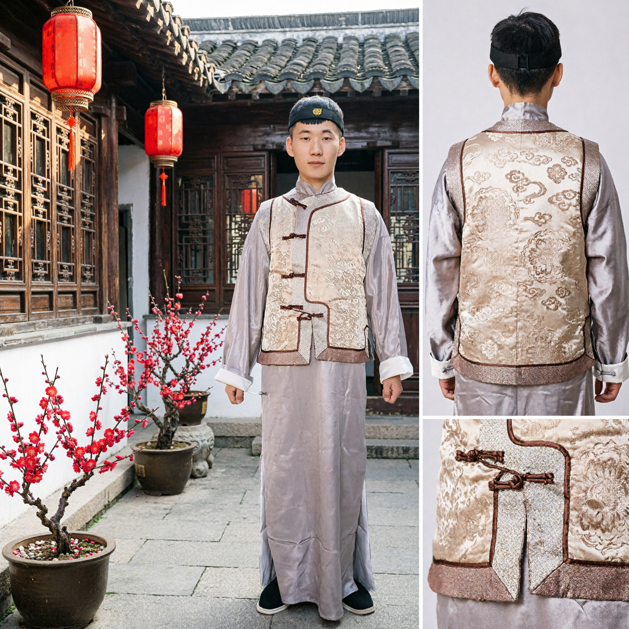 Ensemble traditionnel chinois pour hommes, robe longue Changshan et gilet en brocart, costume historique de la dynastie Qing pour performance - Asian Costume