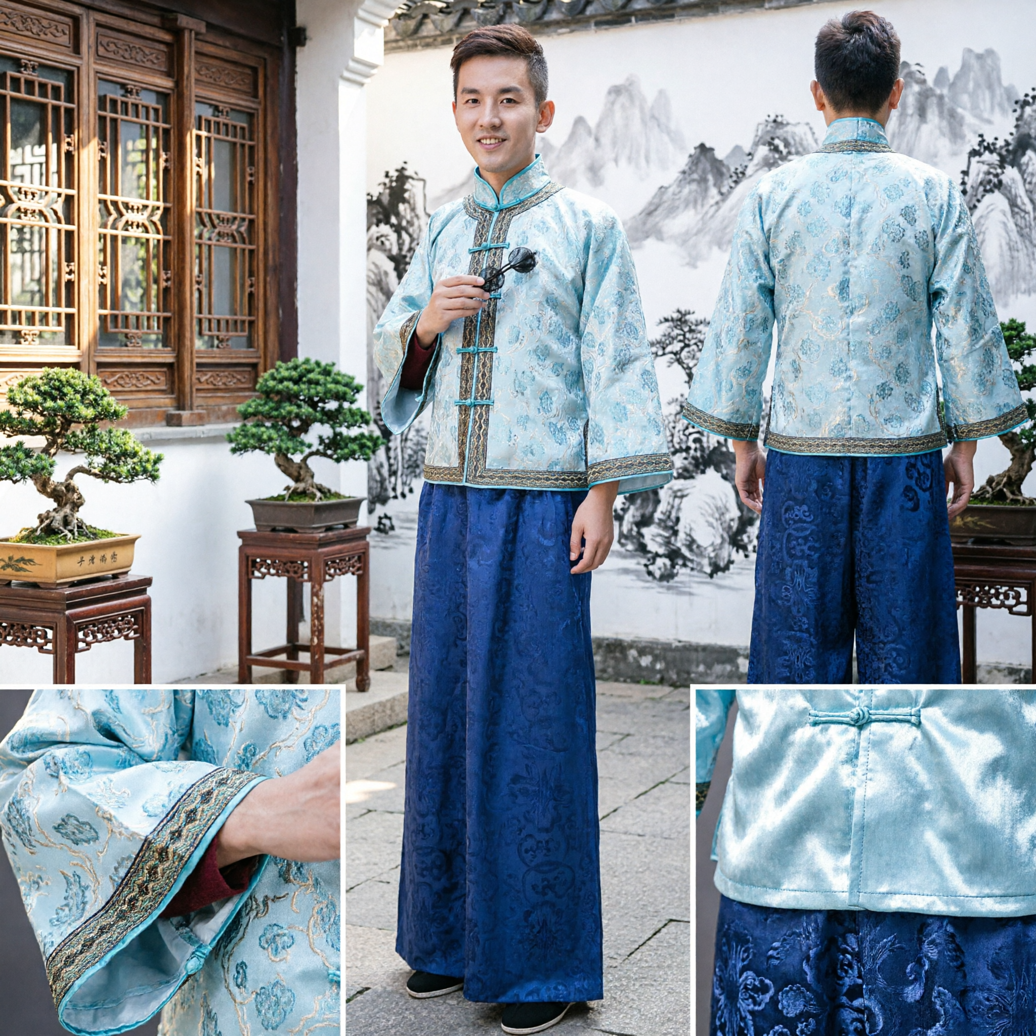 Costume Tradizionale Cinese per Uomini da Studente dell'Epoca della Repubblica Set con Giacca e Pantaloni Tang Suit Azzurro Chiaro - Asian Costume
