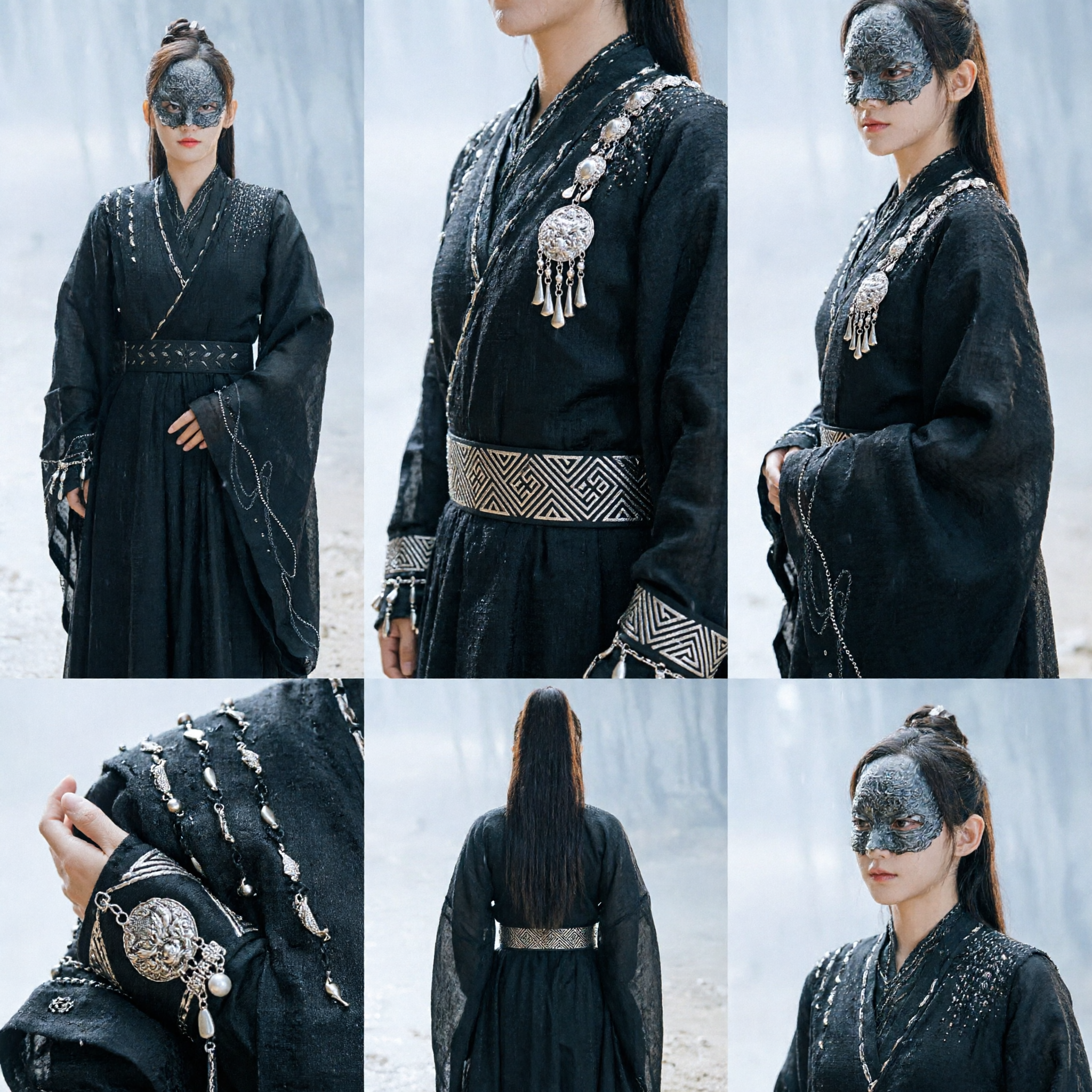 Costume Hanfu noir d'assassin Wuxia ancien chinois avec masque argenté pour femmes, cosplay et performance - Asian Costume