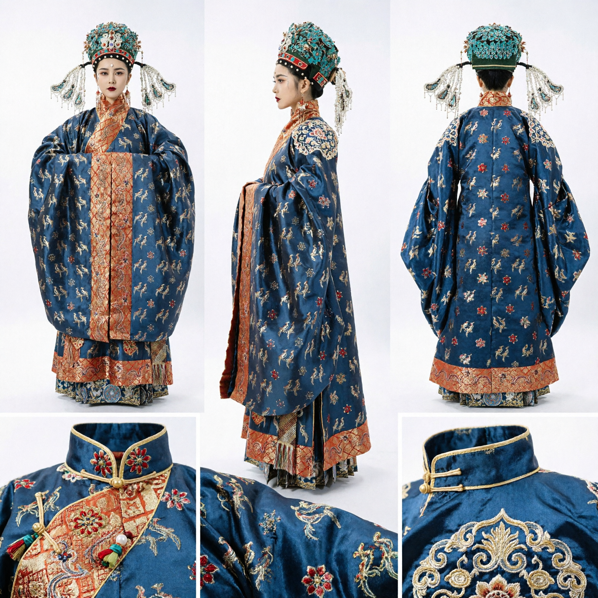 Costume tradizionale cinese Hanfu della Dinastia Ming per Nobildonna Reale con Corona Fenice e Veste Ricamata - Asian Costume