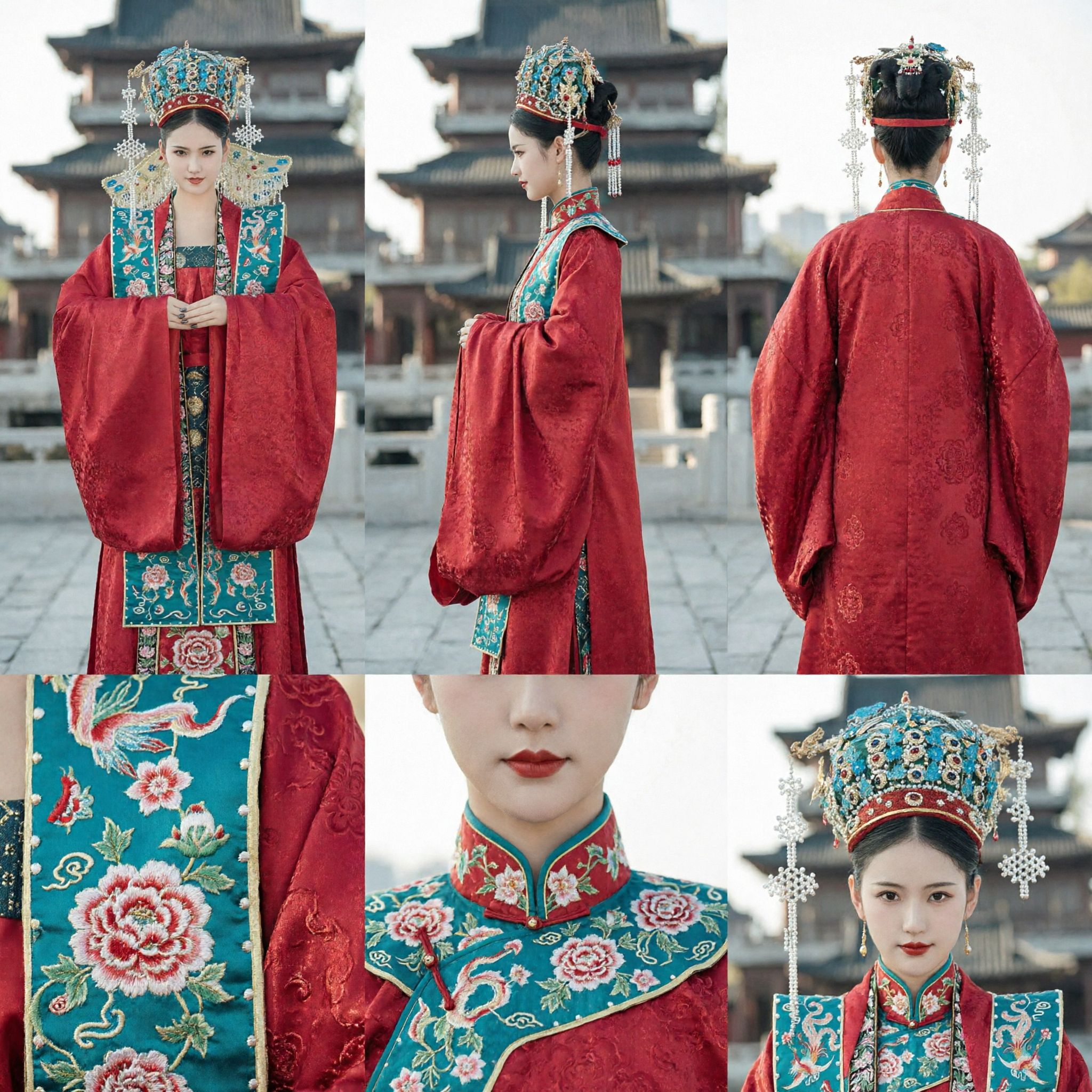 Conjunto de Casamento Tradicional Chinês da Dinastia Ming Hanfu Robe Vermelha com Coroa de Fênix para Noiva - Asian Costume