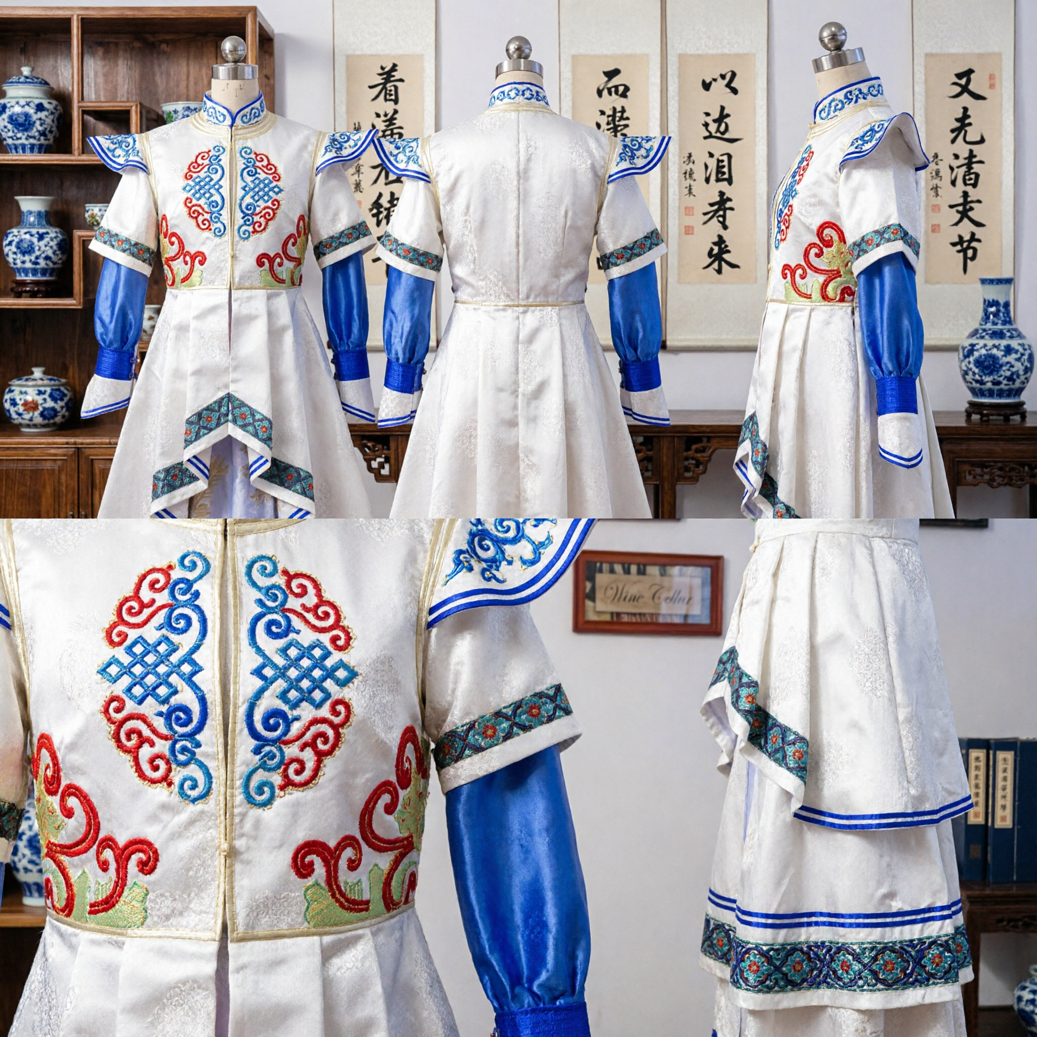 Traje Tradicional Chinês de Cetim Branco com Bordado Azul para Performance de Dança Folclórica no Palco - Asian Costume