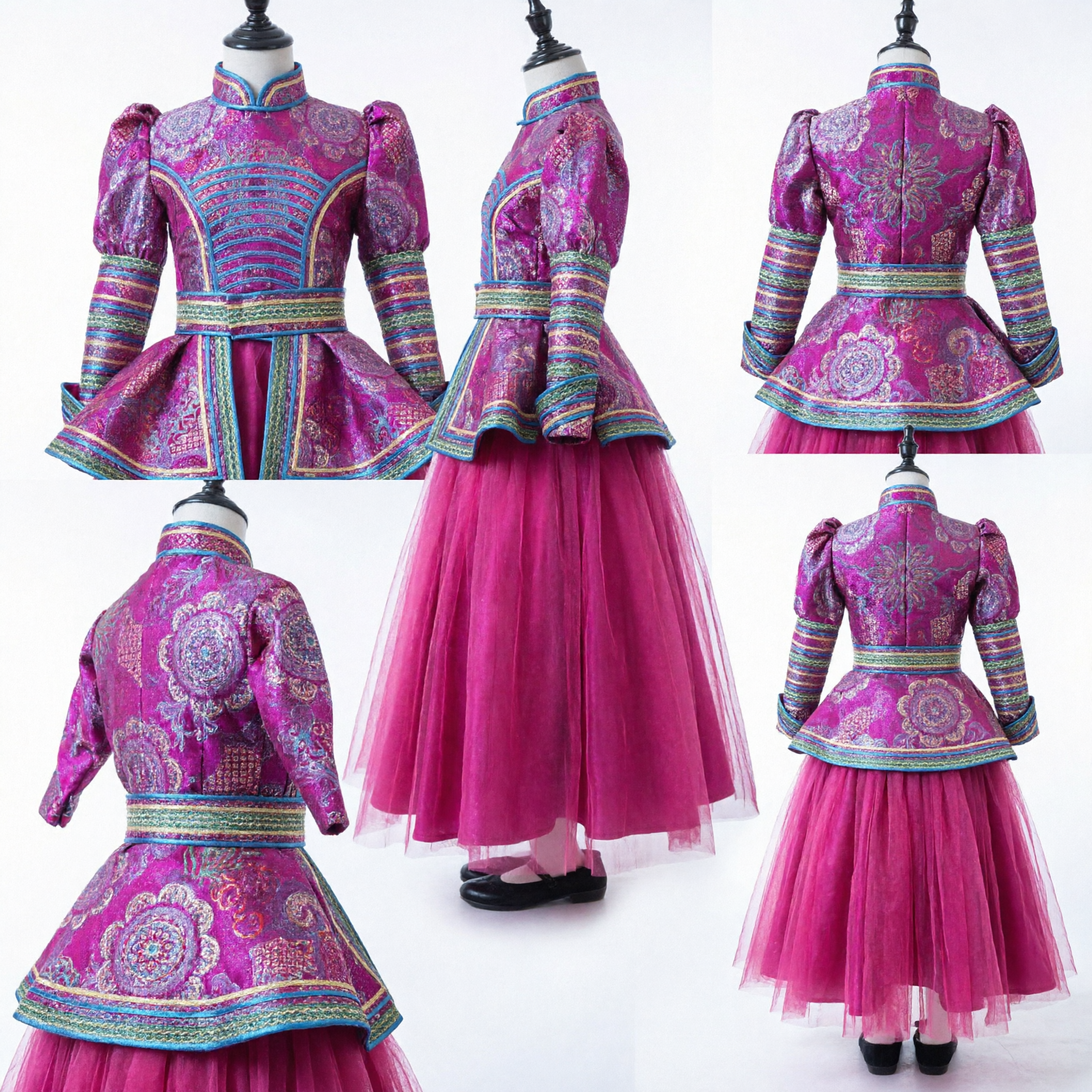 Traje de Danza Folclórica Tradicional China Mongol en Rosa Vibrante, Vestido Bordado de Manga Larga para Niñas para Actuación Escénica - Asian Costume