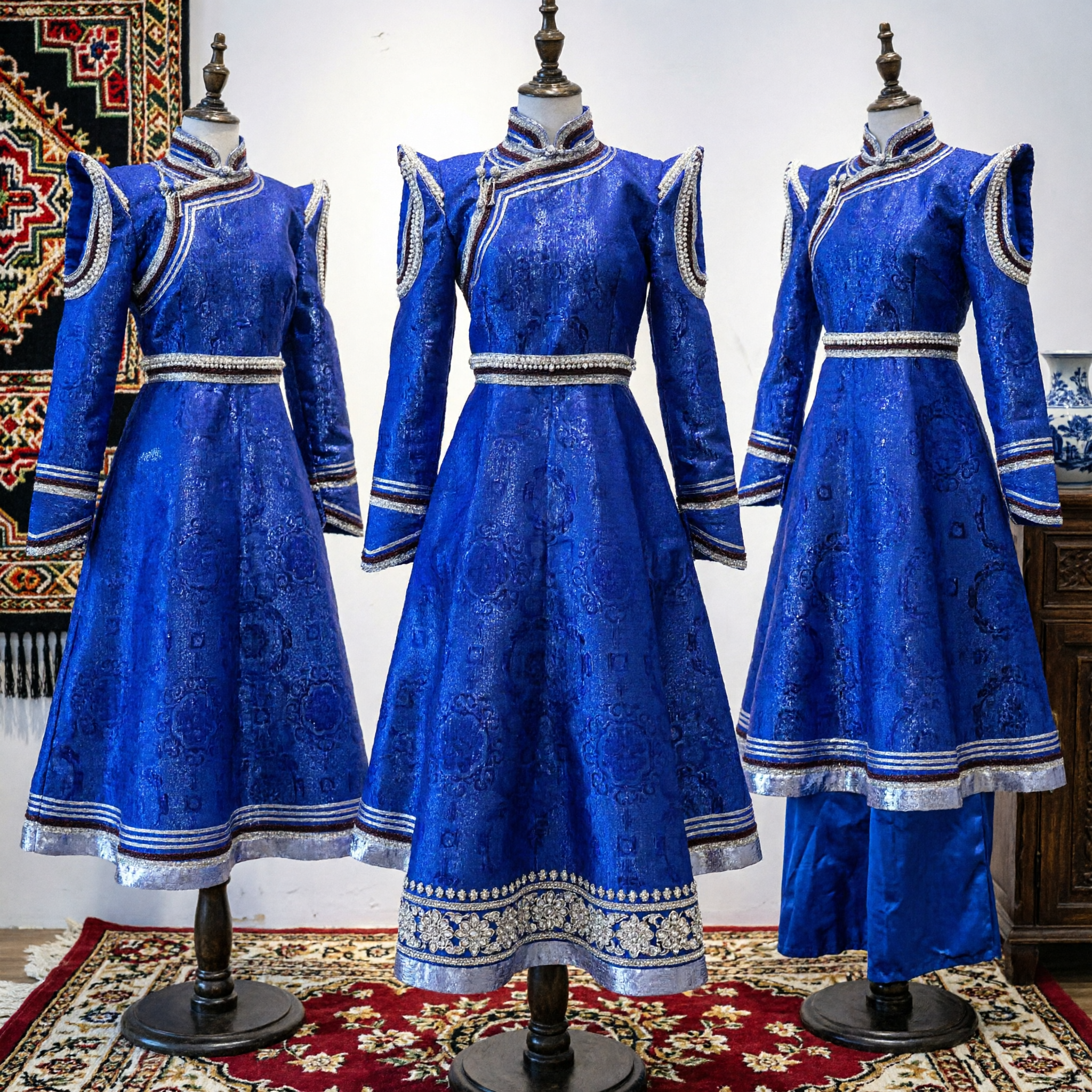 Robe Azul Tradicional Mongol Feminino Traje Étnico Vestido para Performance de Dança Folclórica com Detalhes em Prata - Asian Costume