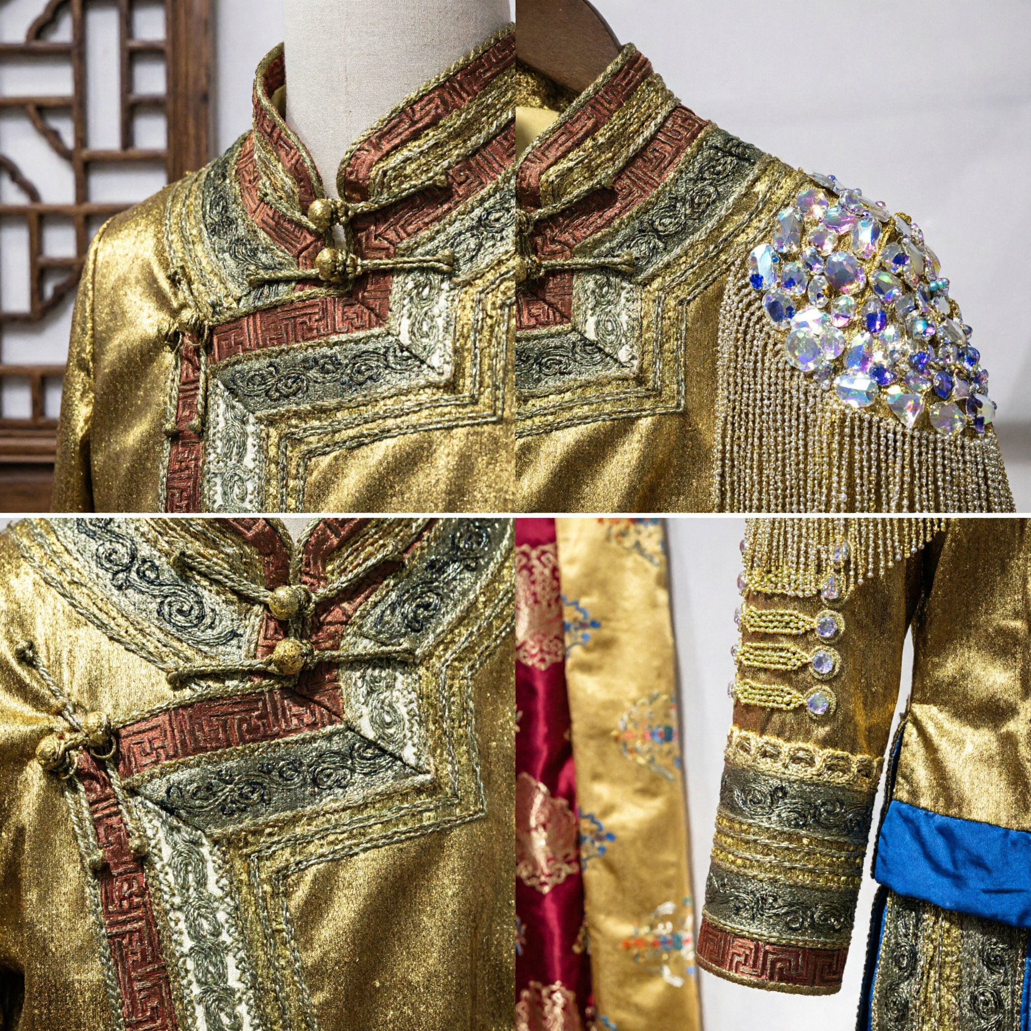 Goldenes traditionelles chinesisches mongolisches Tanzkostüm, Jacke für Männer-Bühnenauftritte, besticktes Top mit Strasssteinen - Asian Costume