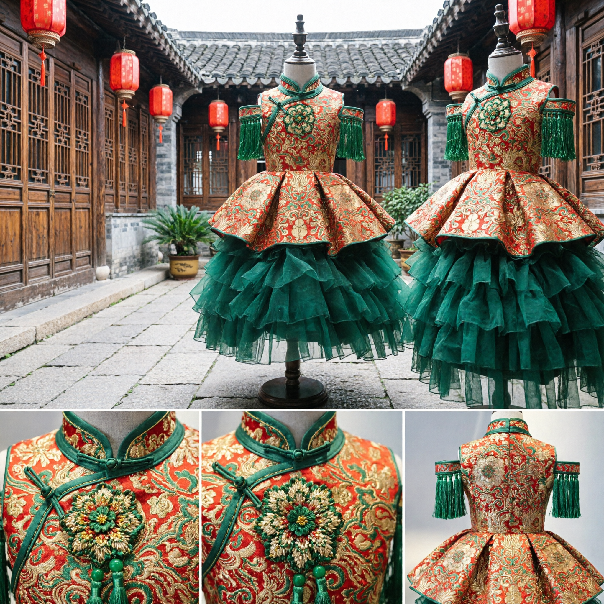 Vestido Tradicional Chinês Cheongsam para Meninas Top Brocado Vermelho Dourado e Vestido de Baile de Tule Verde para Ano Novo Lunar - Asian Costume