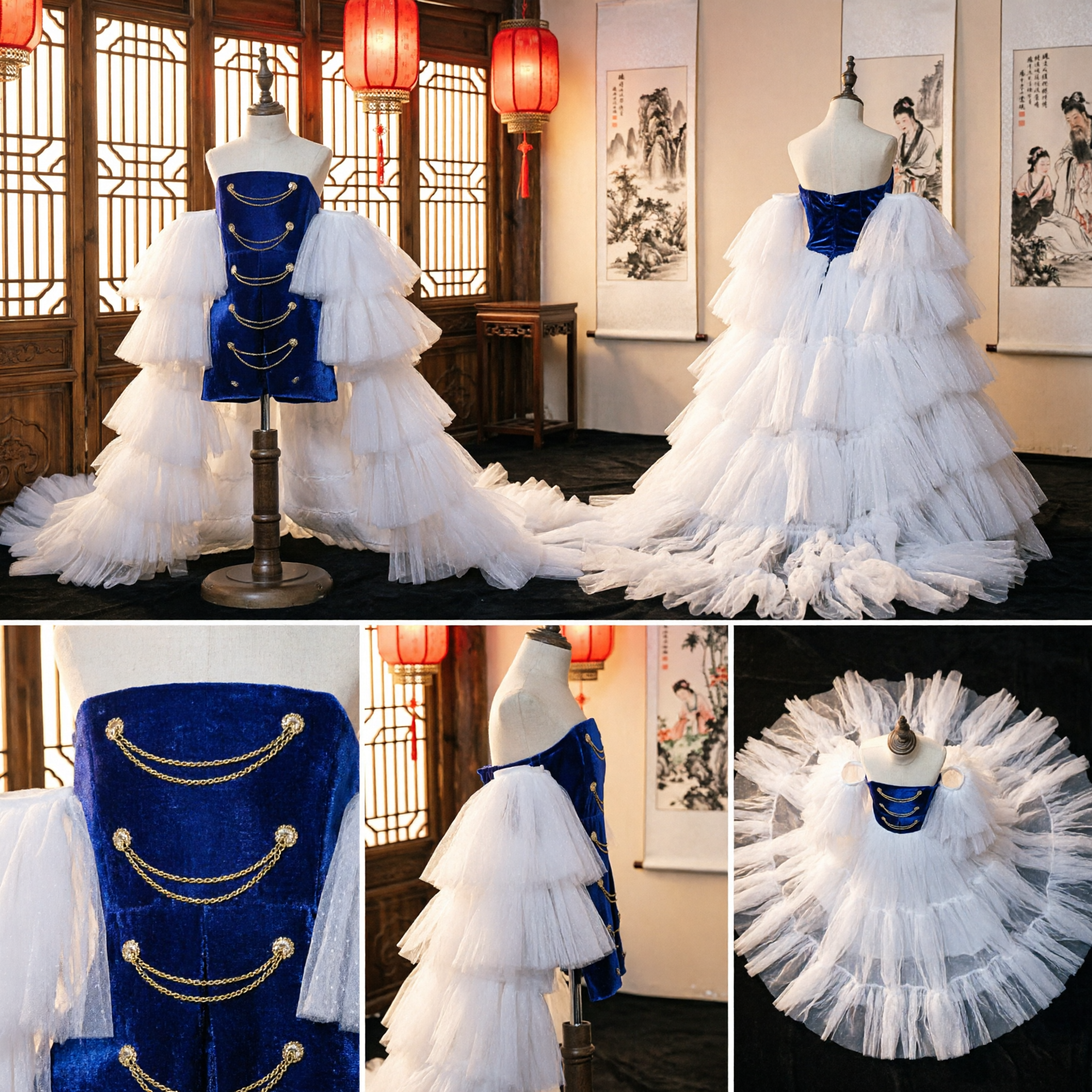 Costume historique de cour bleu royal en velours et tulle blanc à volants - Robe pour spectacle scénique - Asian Costume