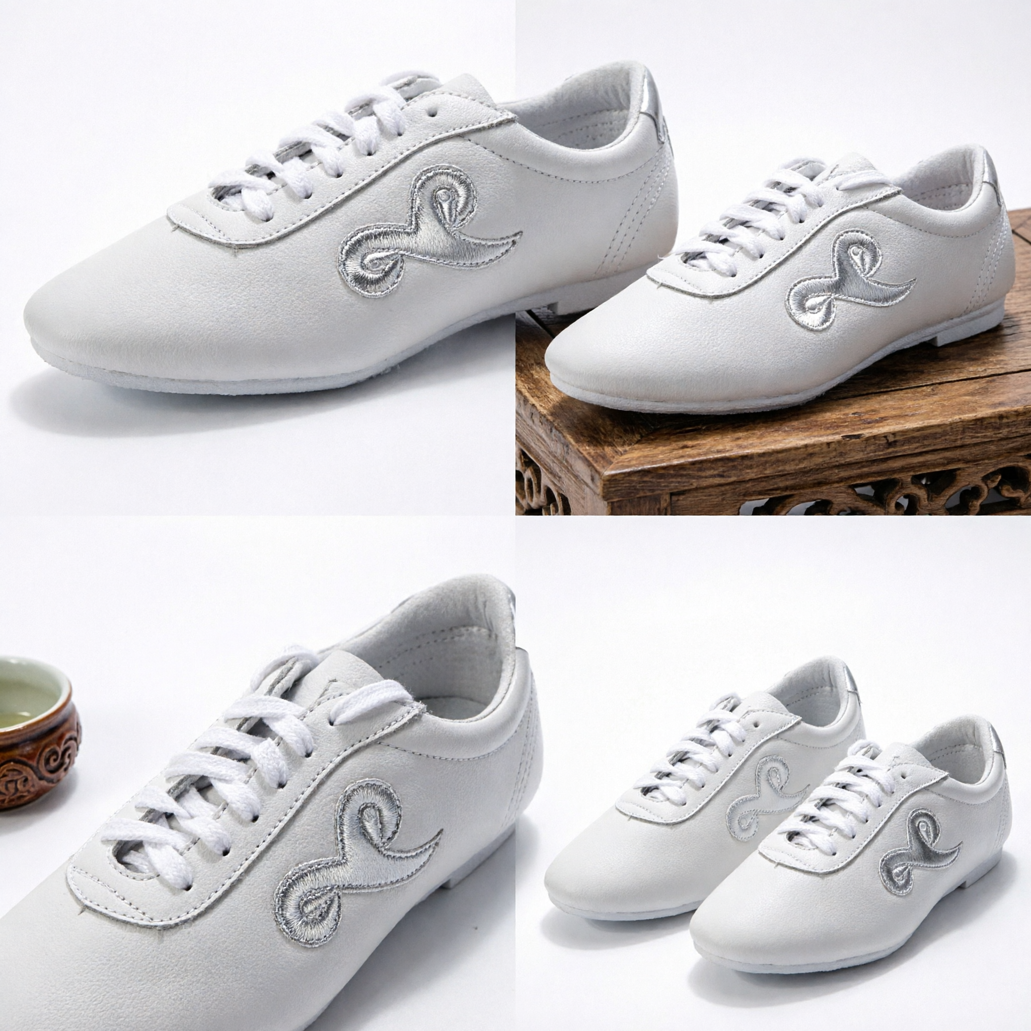 White Leather Kung Fu Shoes Traditional Chinese Martial Arts Tai Chi Wushu Training Sneakers for Performance - Asian Costume