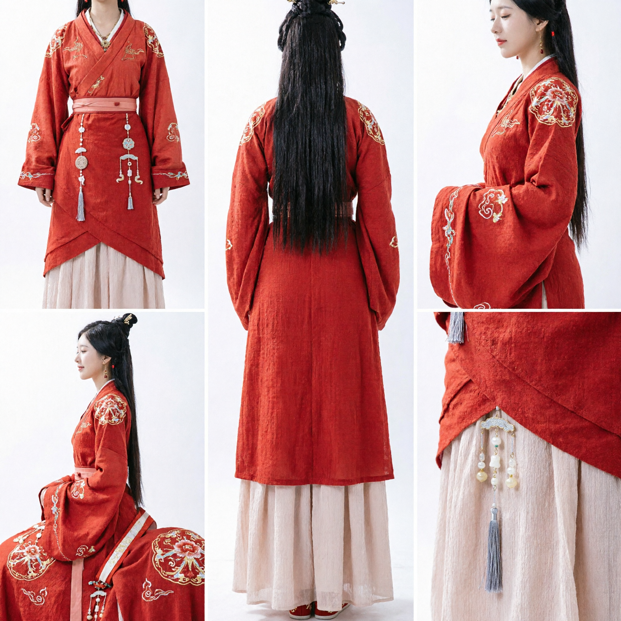 Traditionelles chinesisches Hanfu, antike rote Kreuzkragen-Robe und rosa Rock, historisches Kostümset für Frauen - Asian Costume
