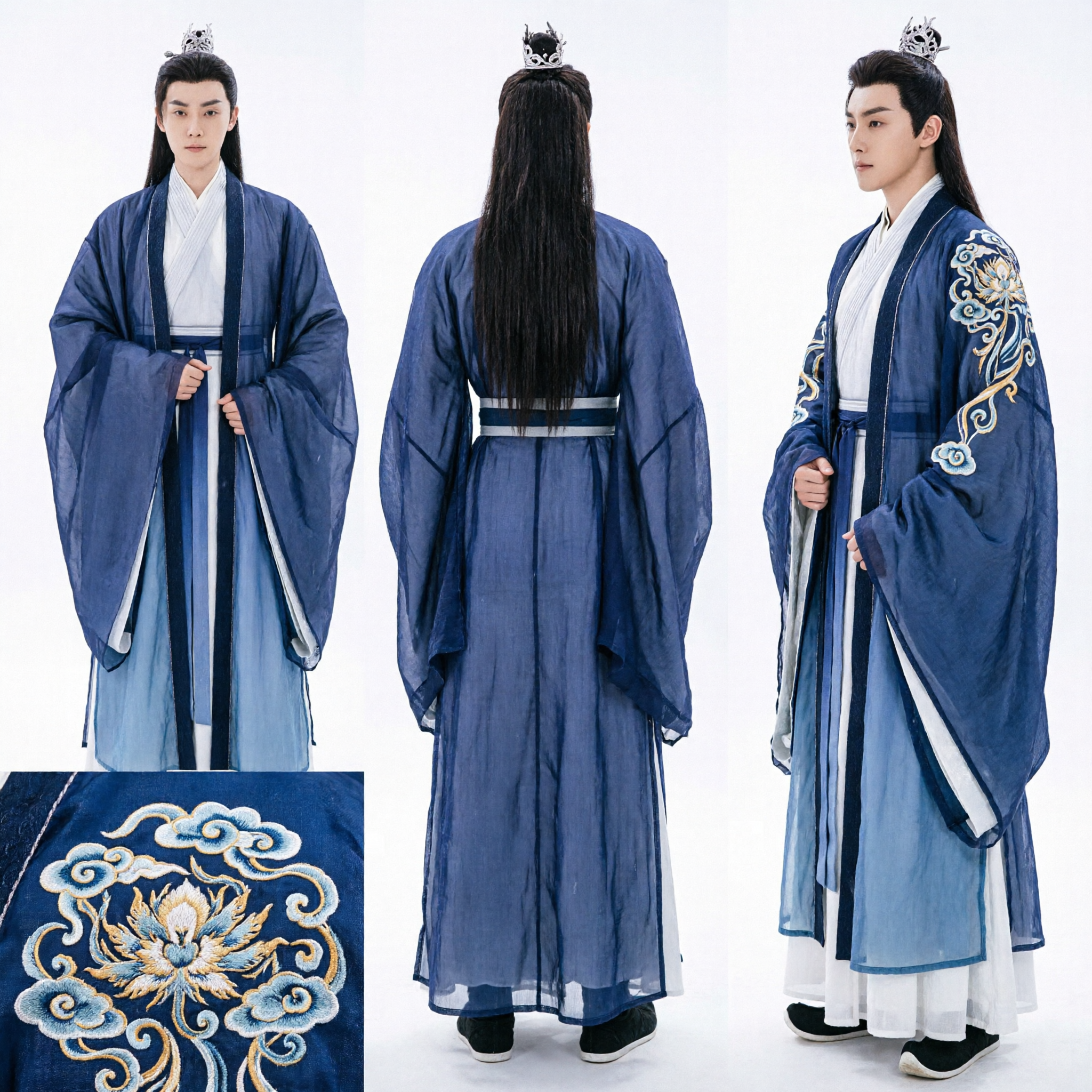 Traje Hanfu Chinês Antigo para Homens Robe de Estudioso Azul Vestuário Tradicional para Cosplay e Performance Dramática - Asian Costume
