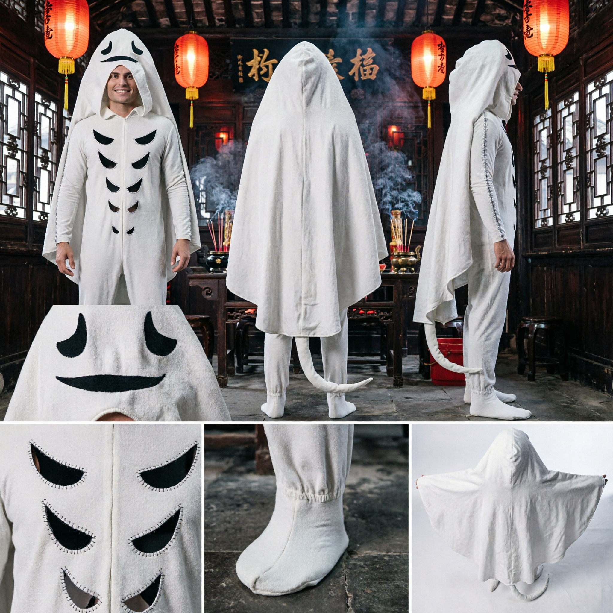 Erwachsenen Weißes Geisterkostüm mit Skelettrippen und Kapuzenumhang für Halloween Cosplay Partys - Asian Costume