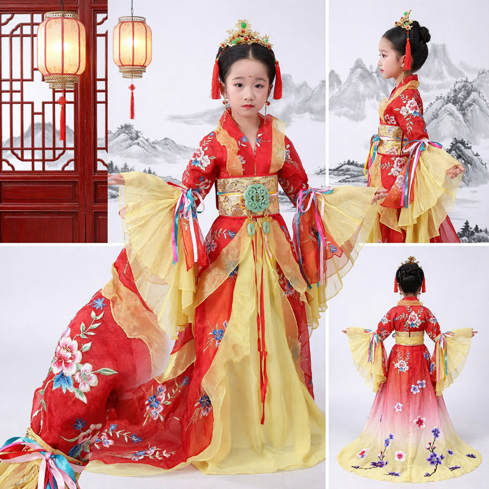 Costume Hanfu de Princesse de la Dynastie Tang Ancienne Rouge et Jaune, Robe Traditionnelle pour Filles, Tenue de Spectacle pour Enfants - Asian Costume
