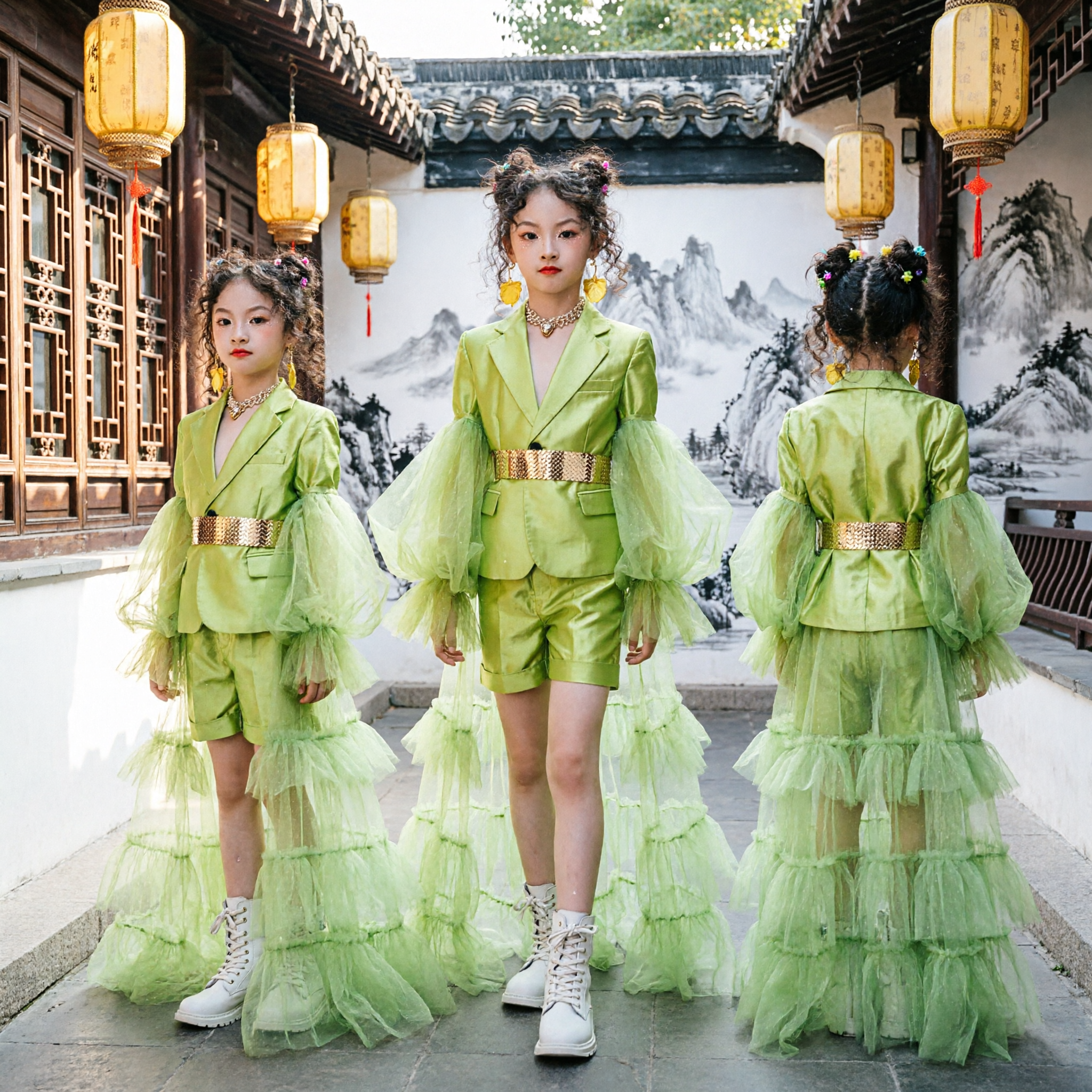 Completo per Spettacoli sul Palco Verde Lime per Bambine Moderno Set Blazer per Cantante con Maniche Drammatiche in Tulle - Asian Costume