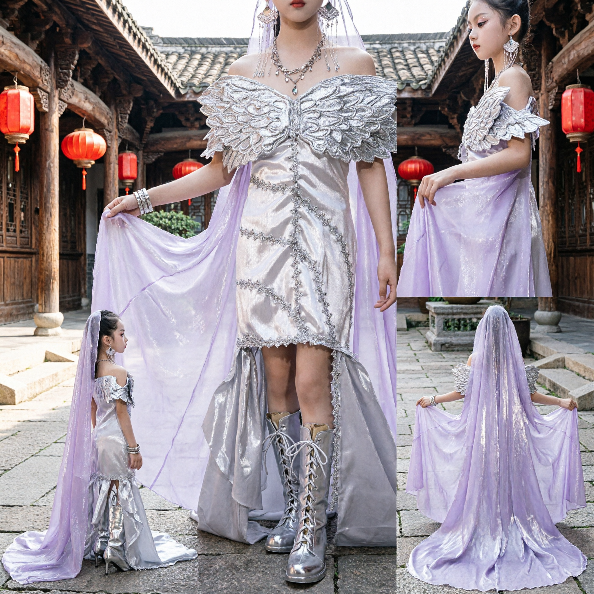 Meisjes Witte Engel Feeënkostuum met Vleugels Cape voor Podiumdans Optreden Show - Asian Costume