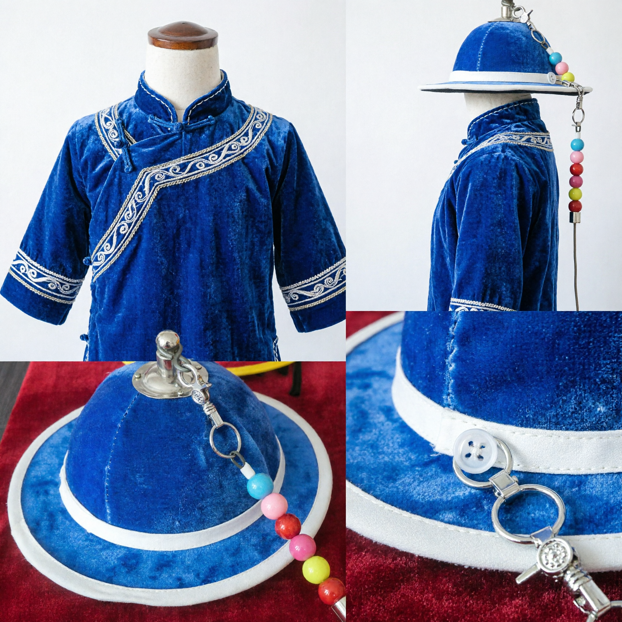 Tradycyjny chiński niebieski aksamitny kapelusz urzędnika, mandaryńska czapka z dynastii Qing dla mężczyzn do cosplayu i występów - Asian Costume