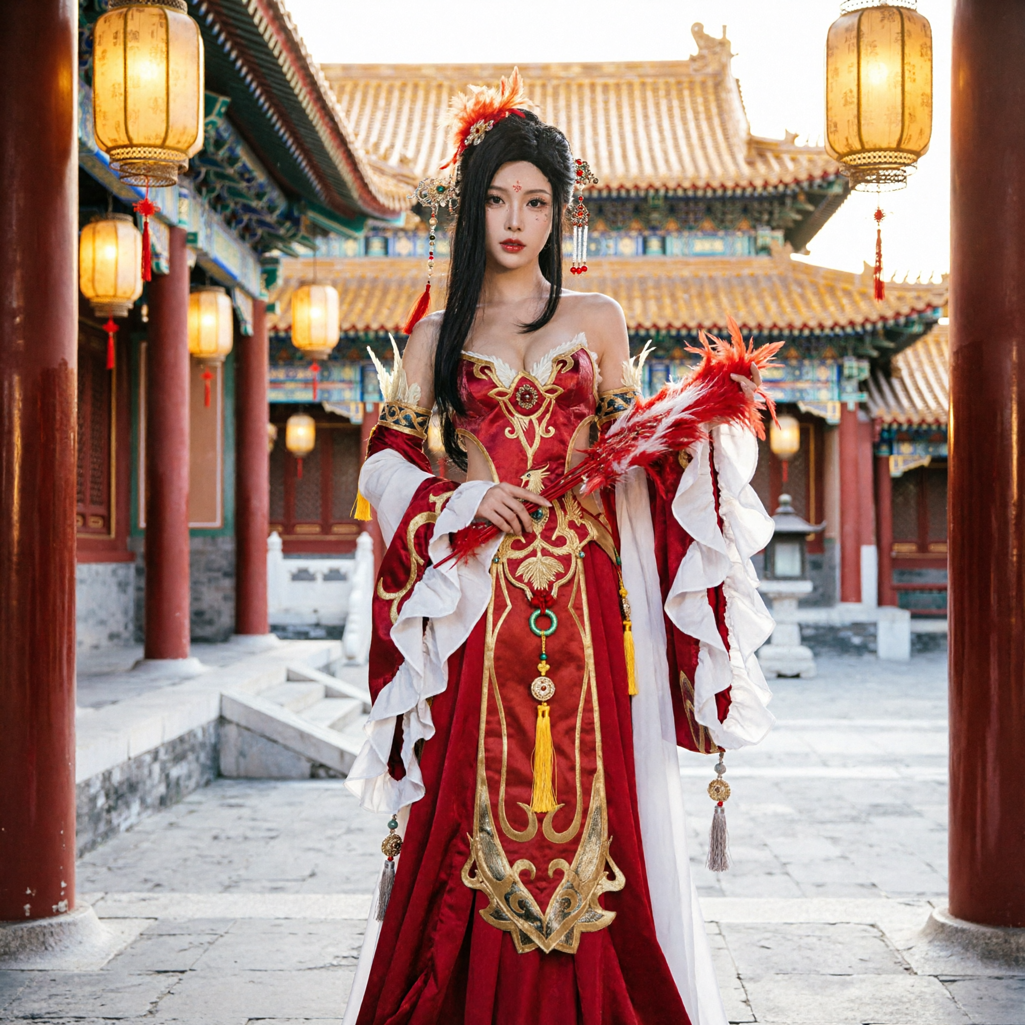古代中国貂蝉コスプレ衣装 赤い宮廷婦人漢服ドレス 女性用舞台パフォーマンス - Asian Costume