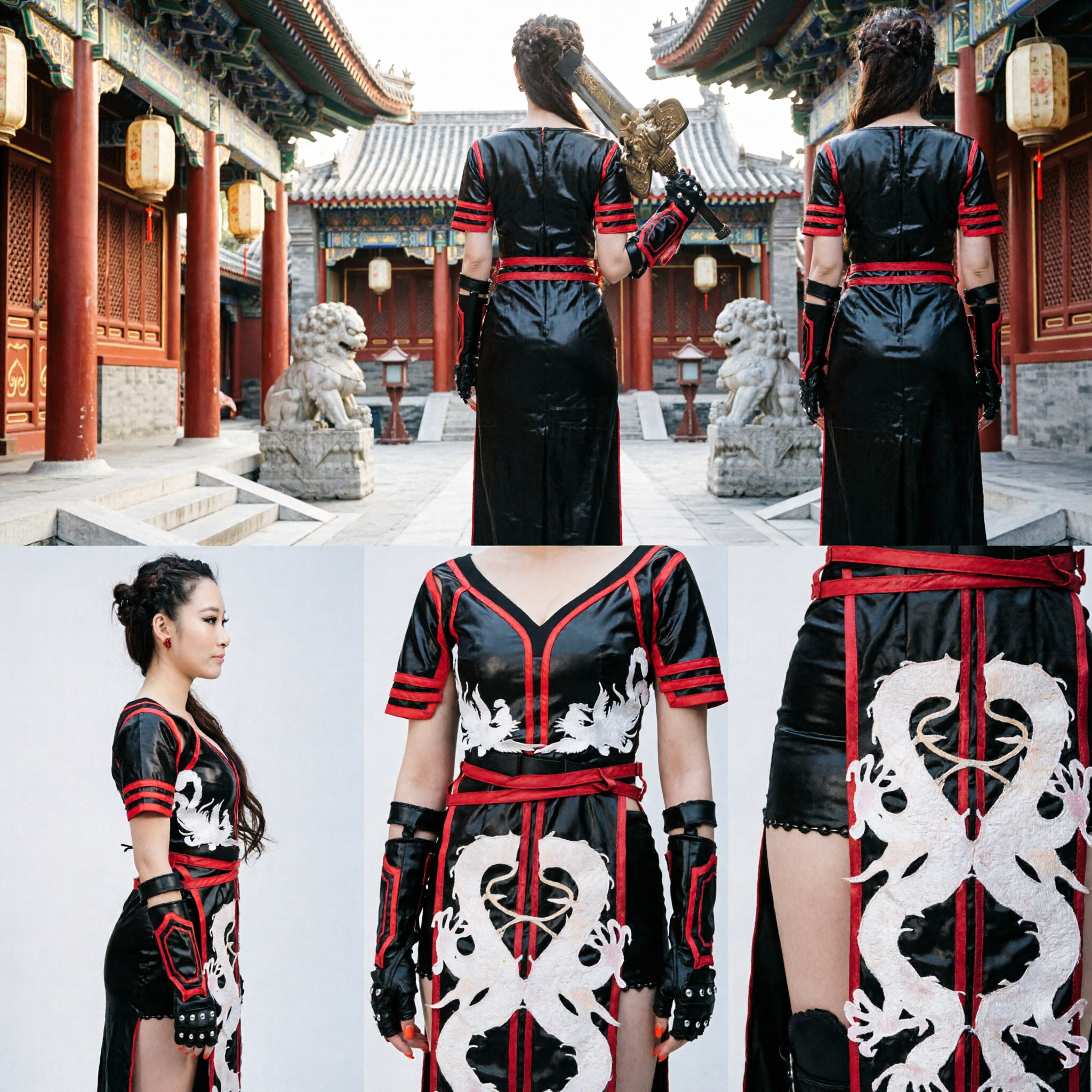 Frauen Schwarzes Leder Chinesisches Krieger-Cosplay-Kostüm mit Drachenstickerei für Halloween und Bühnenauftritt - Asian Costume