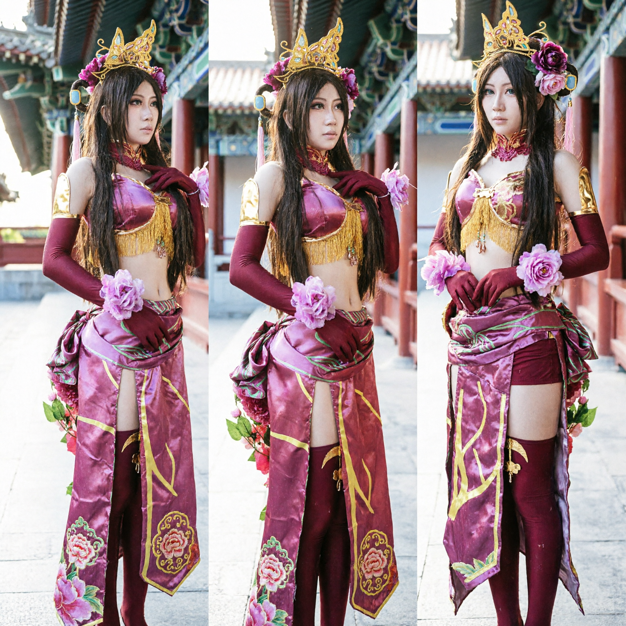 Conjunto de Traje de Cosplay de Princesa China Antigua Rojo y Dorado para Mujer con Accesorios de Corona Floral - Asian Costume
