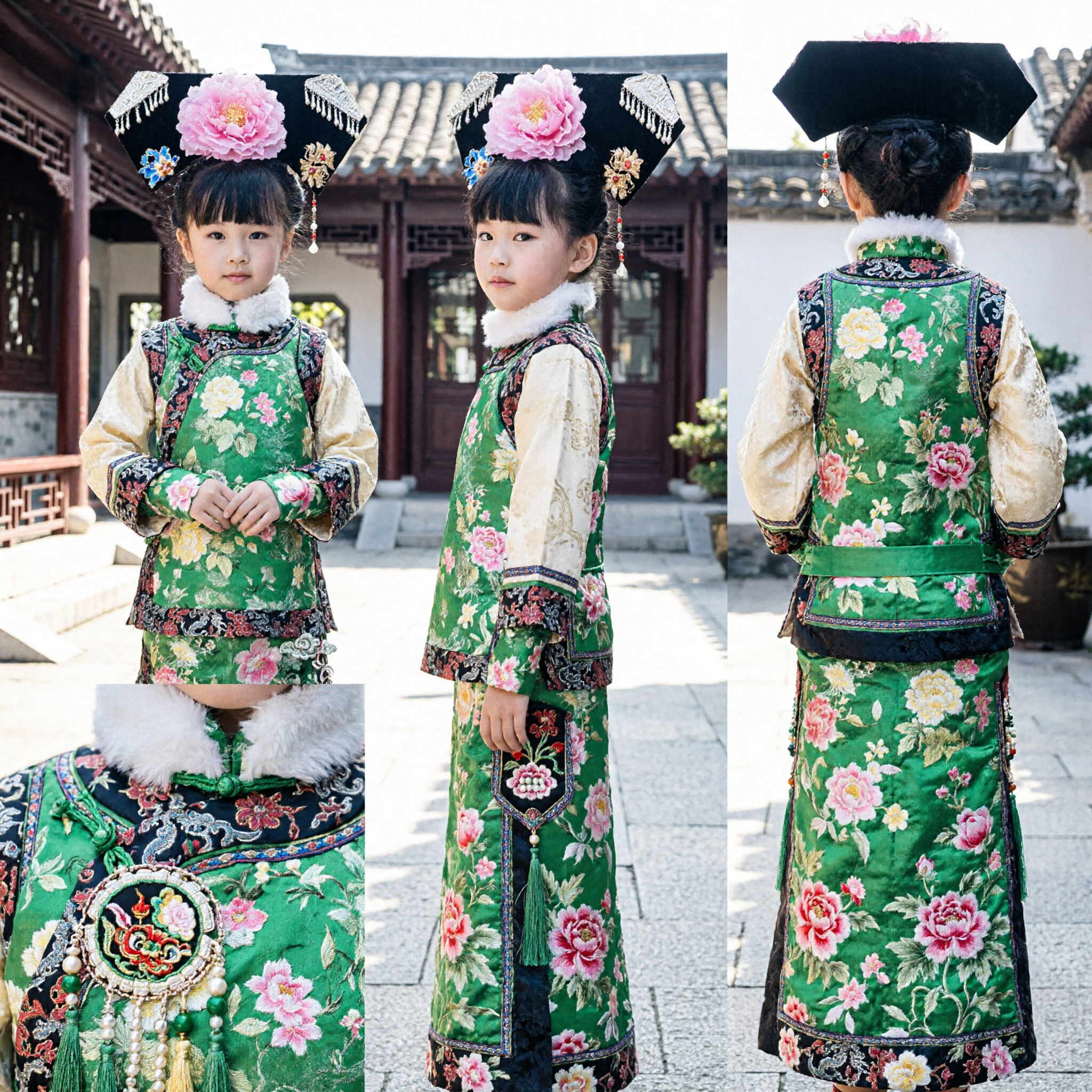 Costume da Principessa della Dinastia Qing cinese tradizionale per bambine Abito in velluto verde floreale con copricapo per spettacoli - Asian Costume