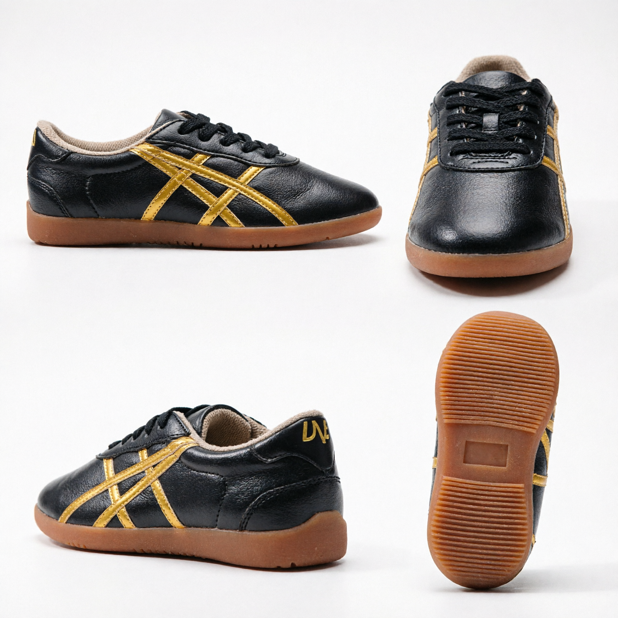 أحذية كونغ فو تقليدية جلدية سوداء عتيقة الطراز بخطوط ذهبية - أحذية رياضية لفنون الدفاع عن النفس والتاي تشي للرجال والنساء - Asian Costume