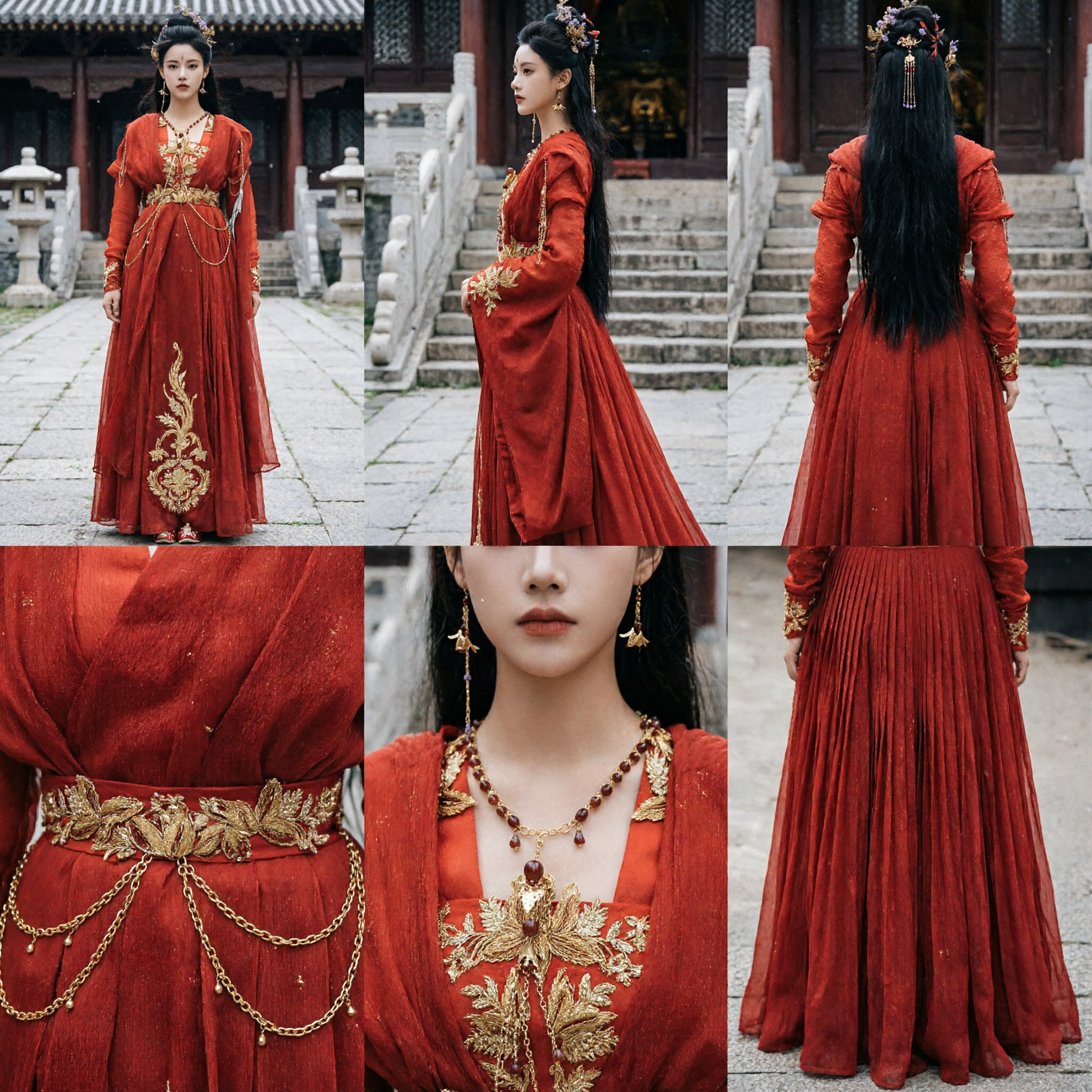 전통 중국 당나라 레드 한푸 자수 고대 의상 드레스 여성 역사 코스프레 - Asian Costume