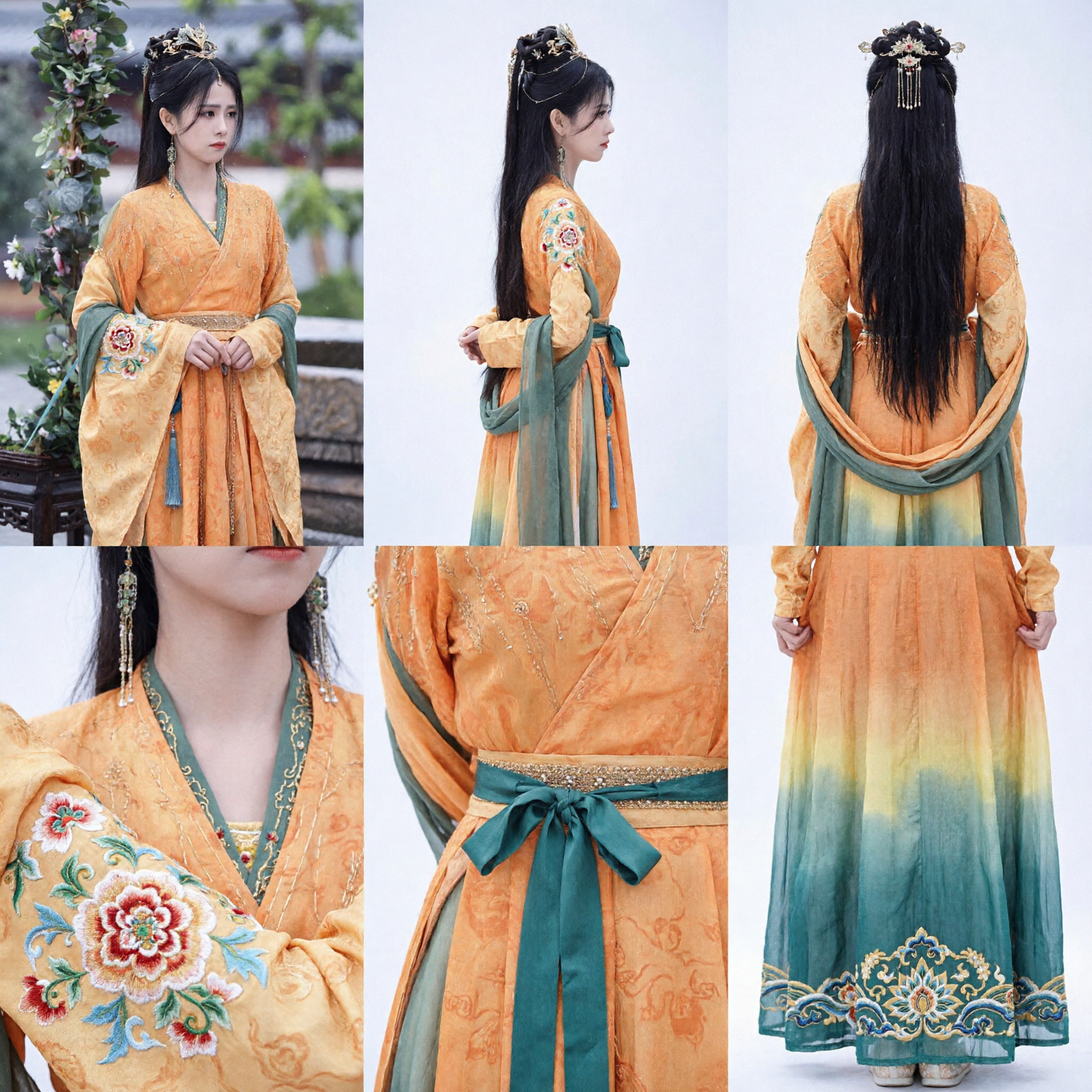 Hanfu élégant orange et vert, costume ancien traditionnel chinois, robe à col croisé pour femmes pour cosplay de princesse - Asian Costume