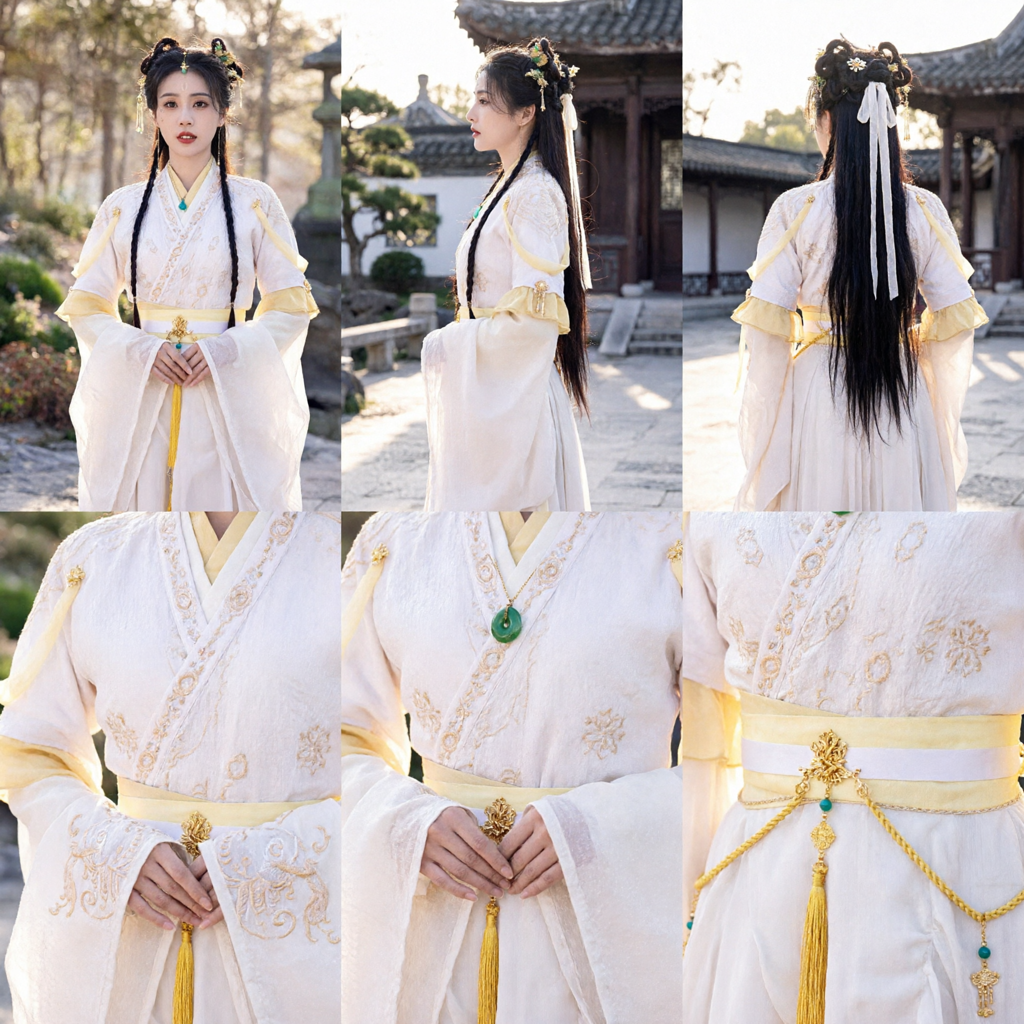 Elegante Hanfu Cinese Bianco e Giallo Costume Antico Tradizionale Abito da Fata Ricamato per Donne Cosplay - Asian Costume