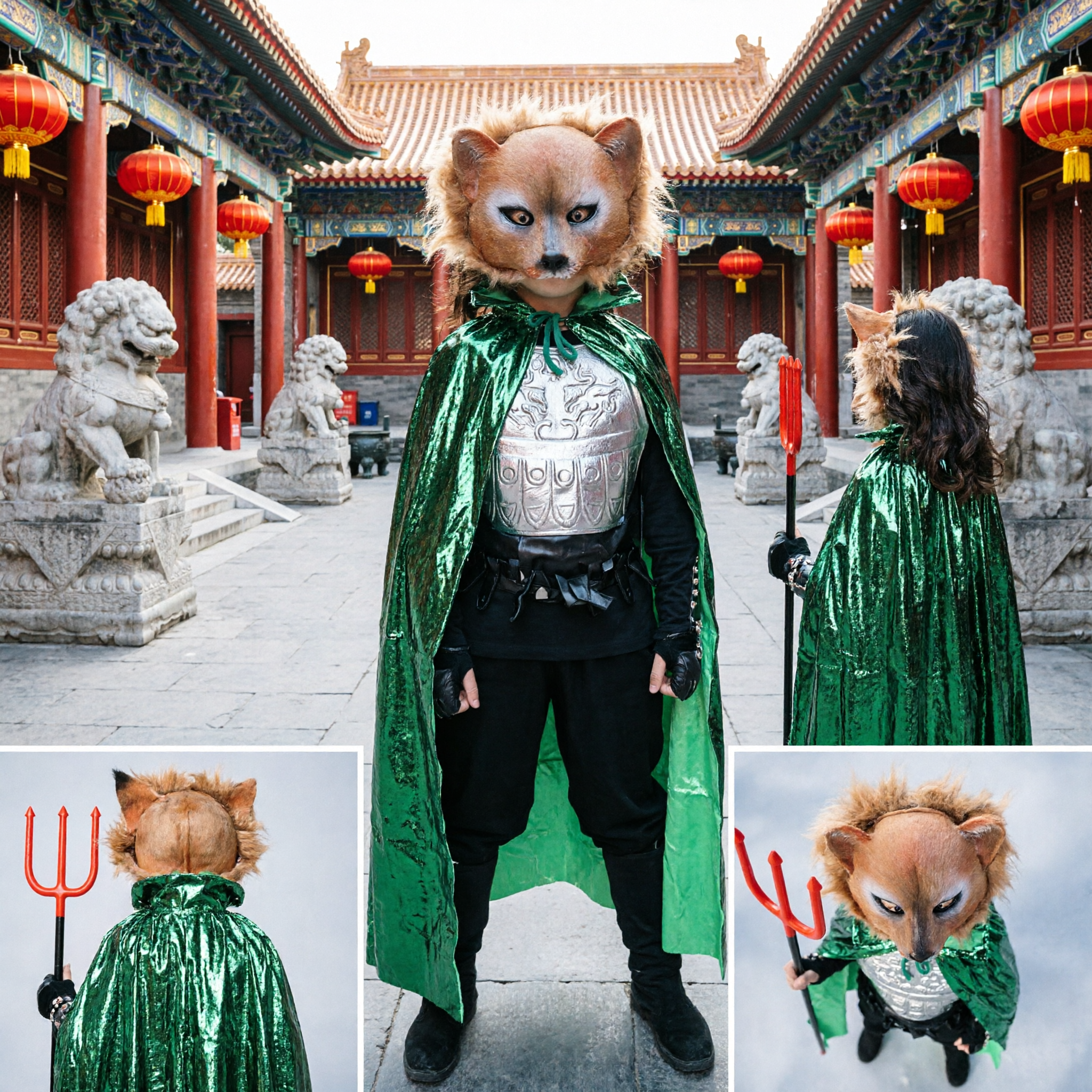 Chiński Tradycyjny Duch Lisa Wojownik Komplet Kostiumu z Maską, Zbroją i Trójzębem do Występów Scenicznych i Cosplayu - Asian Costume