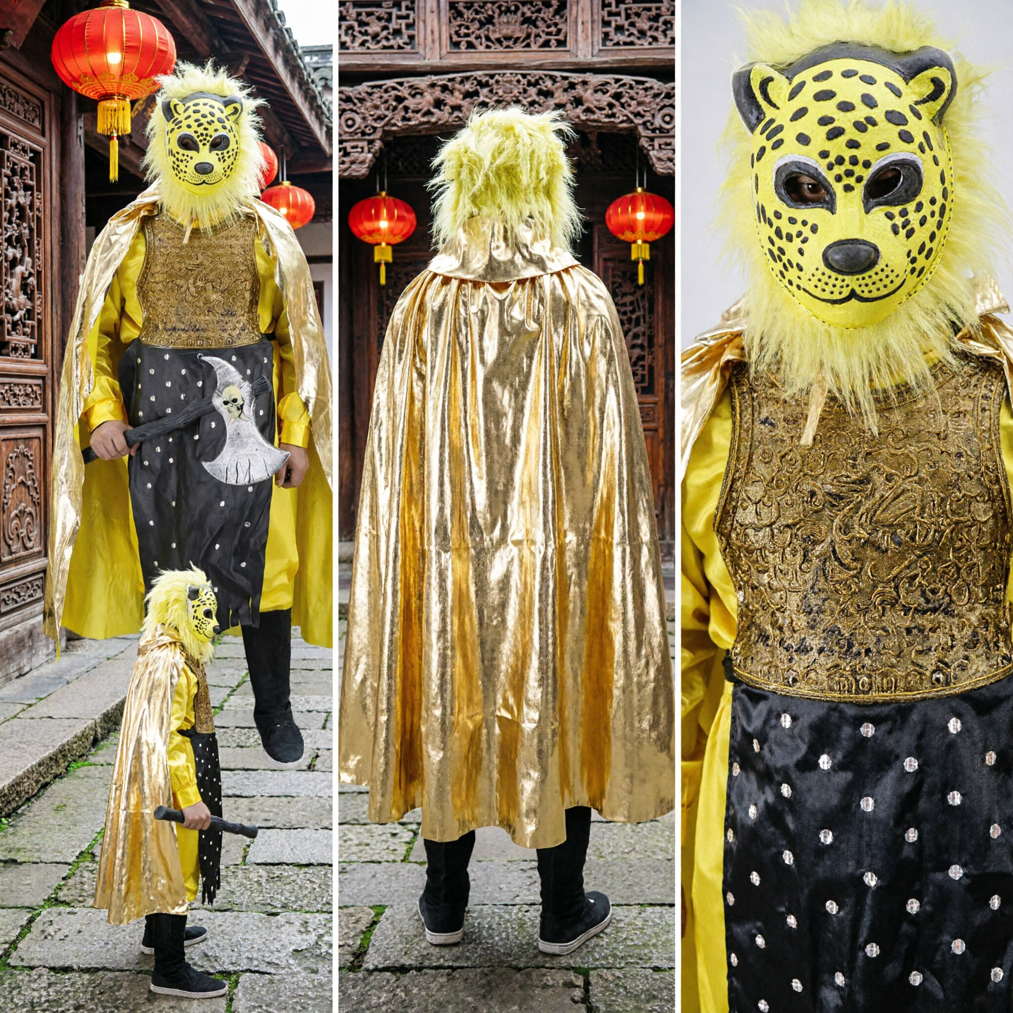 Chinesisches traditionelles Opern-Leopardenkrieger-Kostüm mit Maske, goldener Rüstung und Umhang für Bühnenaufführung und Cosplay - Asian Costume