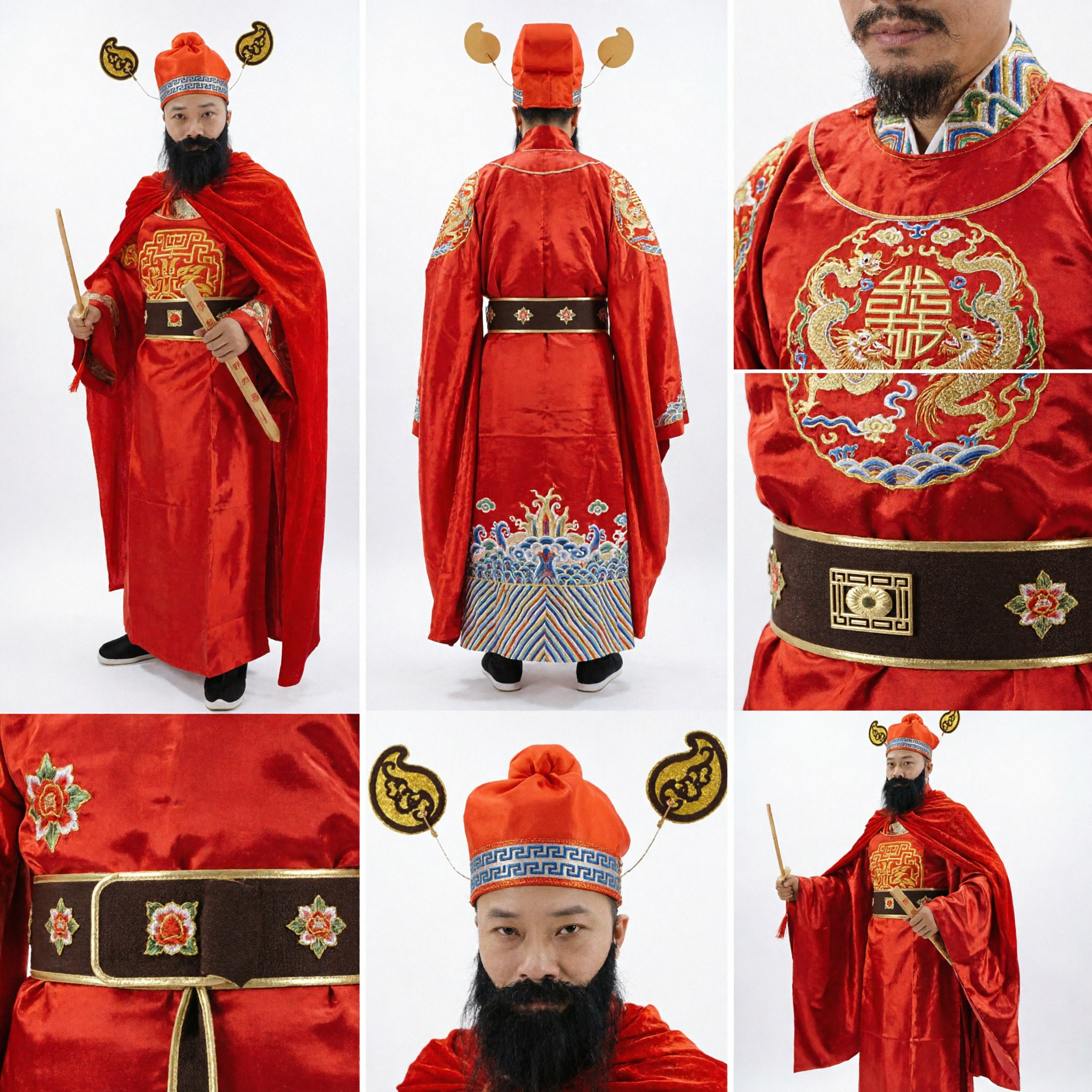 Traditionelles chinesisches Gott-des-Reichtums-Kostüm Männer antikes offizielles rotes Gewand Caishen-Outfit für Neujahrsaufführung - Asian Costume