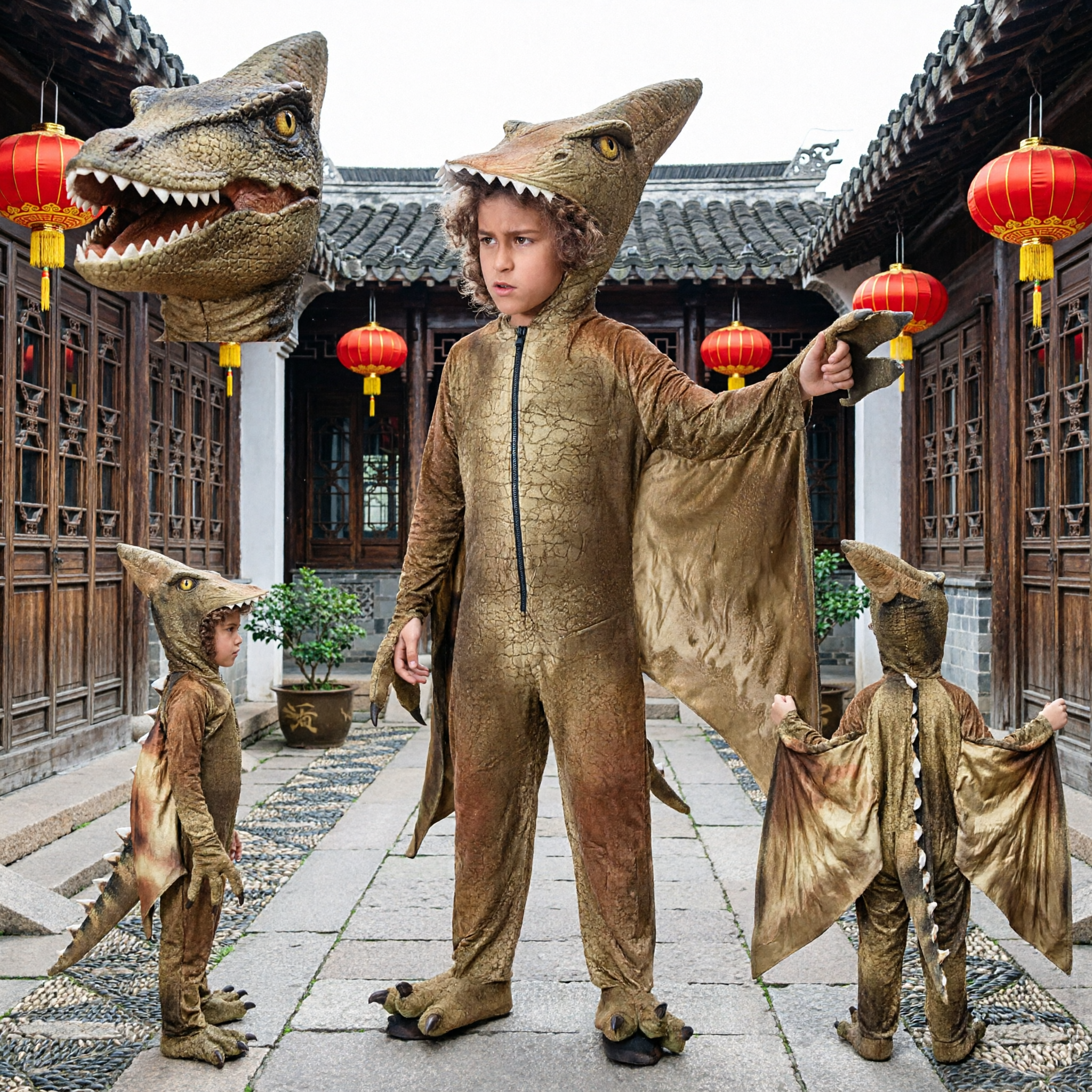 Costume per Bambini da Pterodattilo Dinosauro per Halloween Travestimento con Ali e Cappuccio per Ragazzi e Ragazze - Asian Costume
