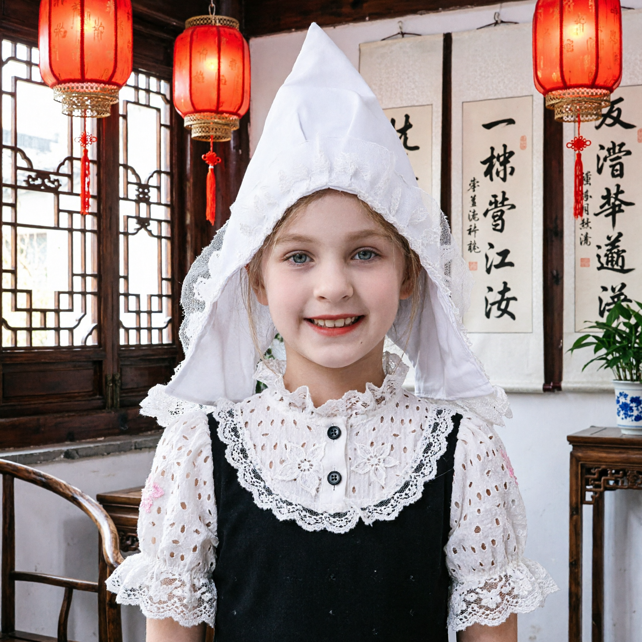 Capa con Capucha Blanca y Puntiaguda para Niños, Atuendo de Personaje de Cuento de Hadas para Cosplay y Obras de Teatro para Niñas - Asian Costume