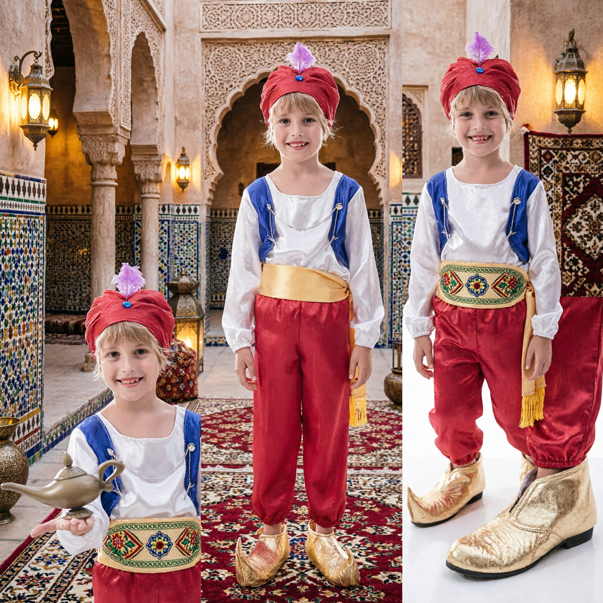 Ensemble de costume de prince arabe Aladdin pour garçons - Tenue de cosplay pour Halloween avec turban, lampe et chaussures - Asian Costume