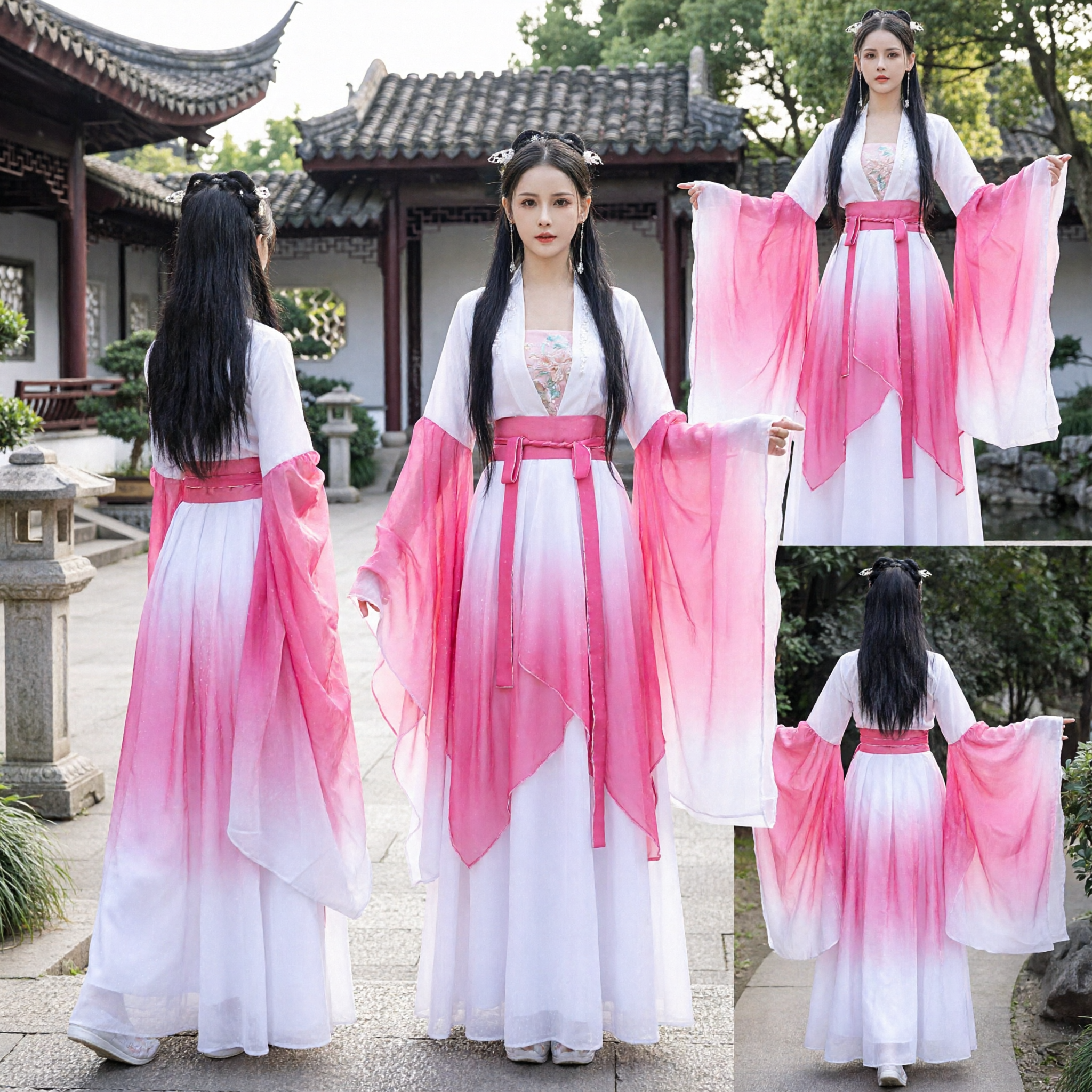 Traditioneel Chinees Hanfu Kostuum Roze Witte Gradiënt Wijdmouwige Oude Feejurk voor Vrouwen - Asian Costume