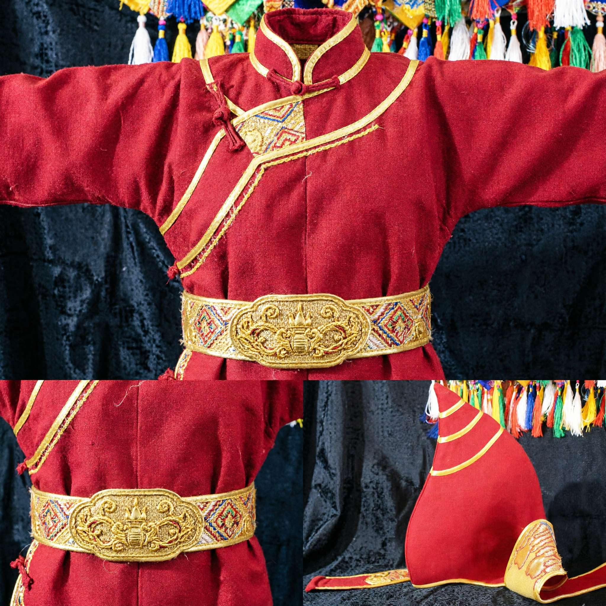 Chapéu Pontudo Vermelho Tradicional Chinês com Listras Douradas para Performance de Ópera e Acessórios de Traje Tradicional para Adultos - Asian Costume